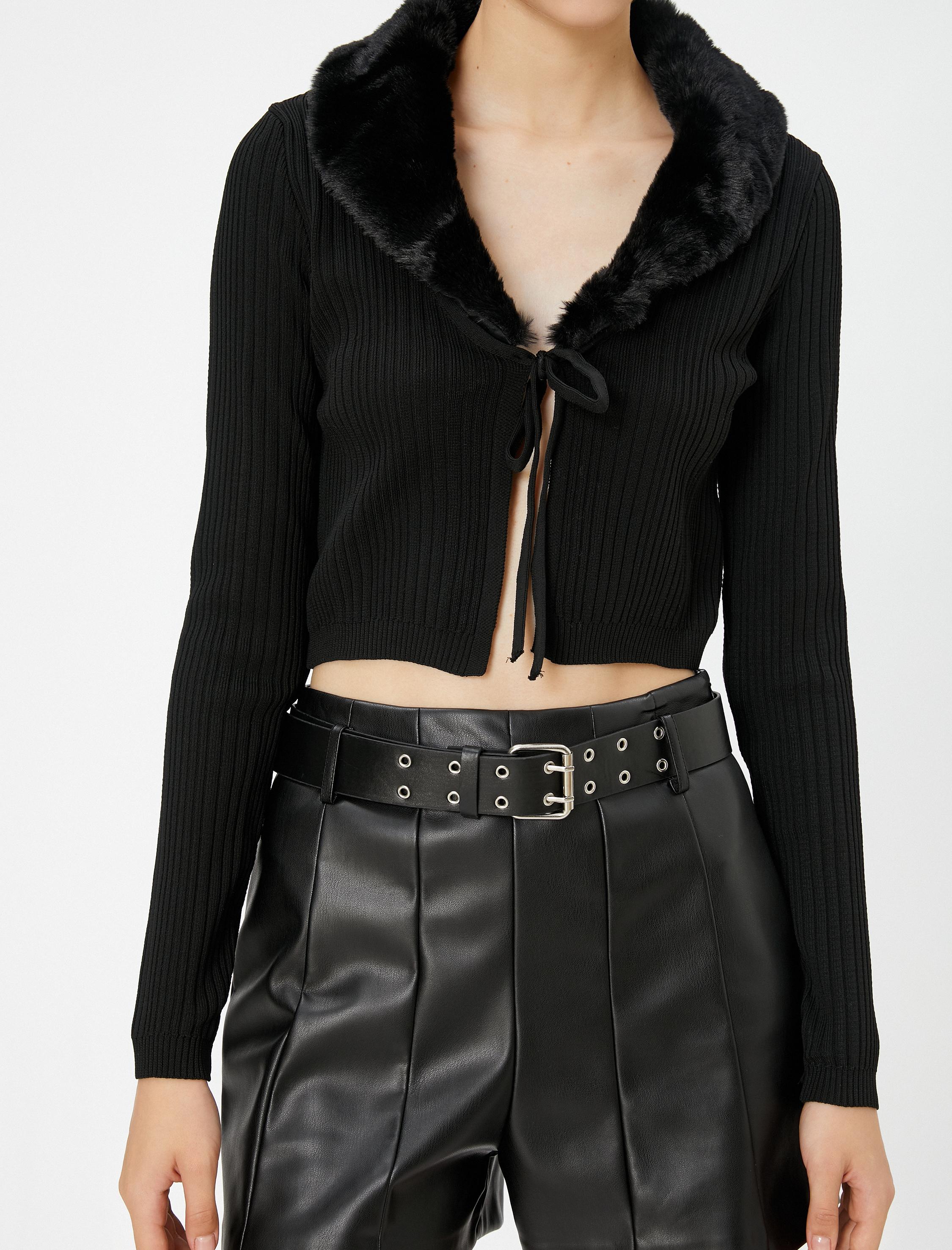   Suni Kürk Yaka Triko Hırka Önü Bağlamalı Uzun Kollu