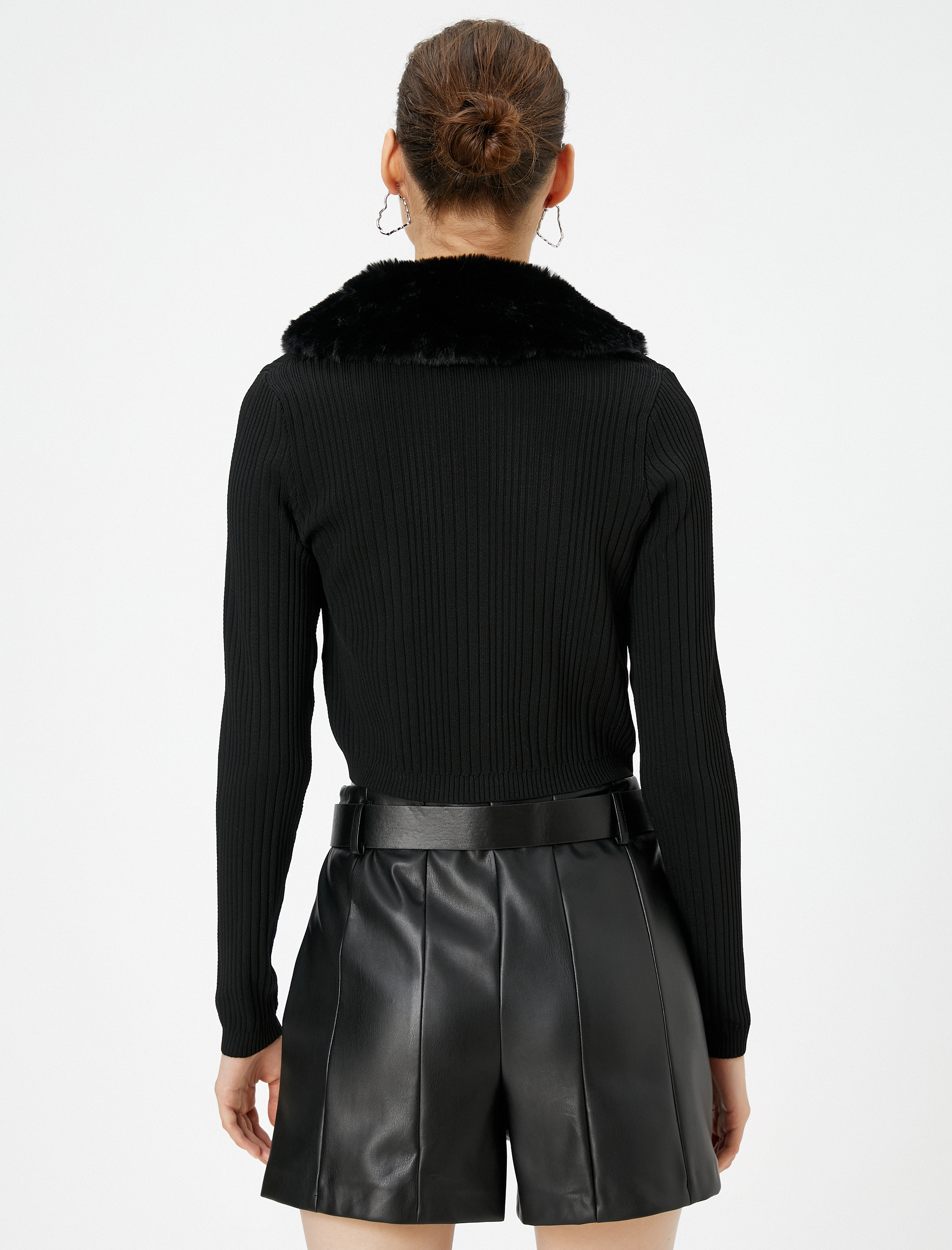   Suni Kürk Yaka Triko Hırka Önü Bağlamalı Uzun Kollu