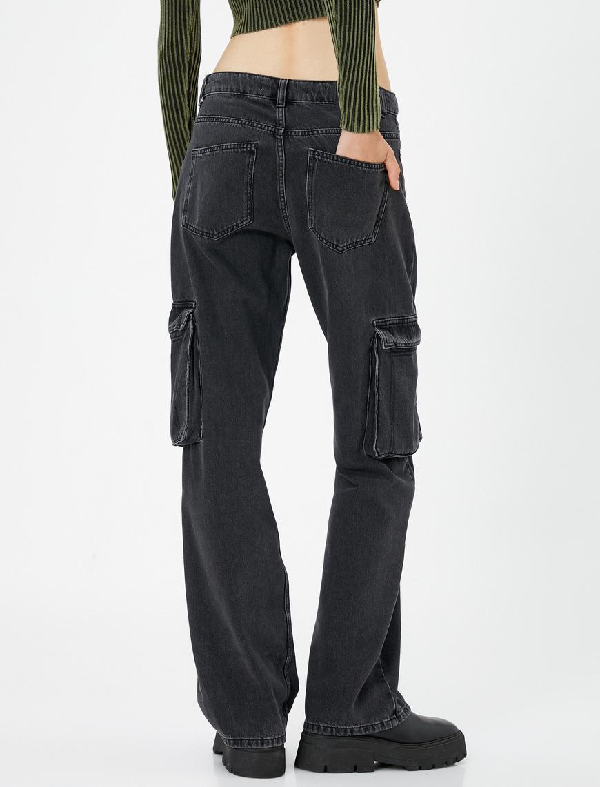   Kargo Straight Jean Düz Paça Normal Bel Cepli Pamuklu - Nora Jean