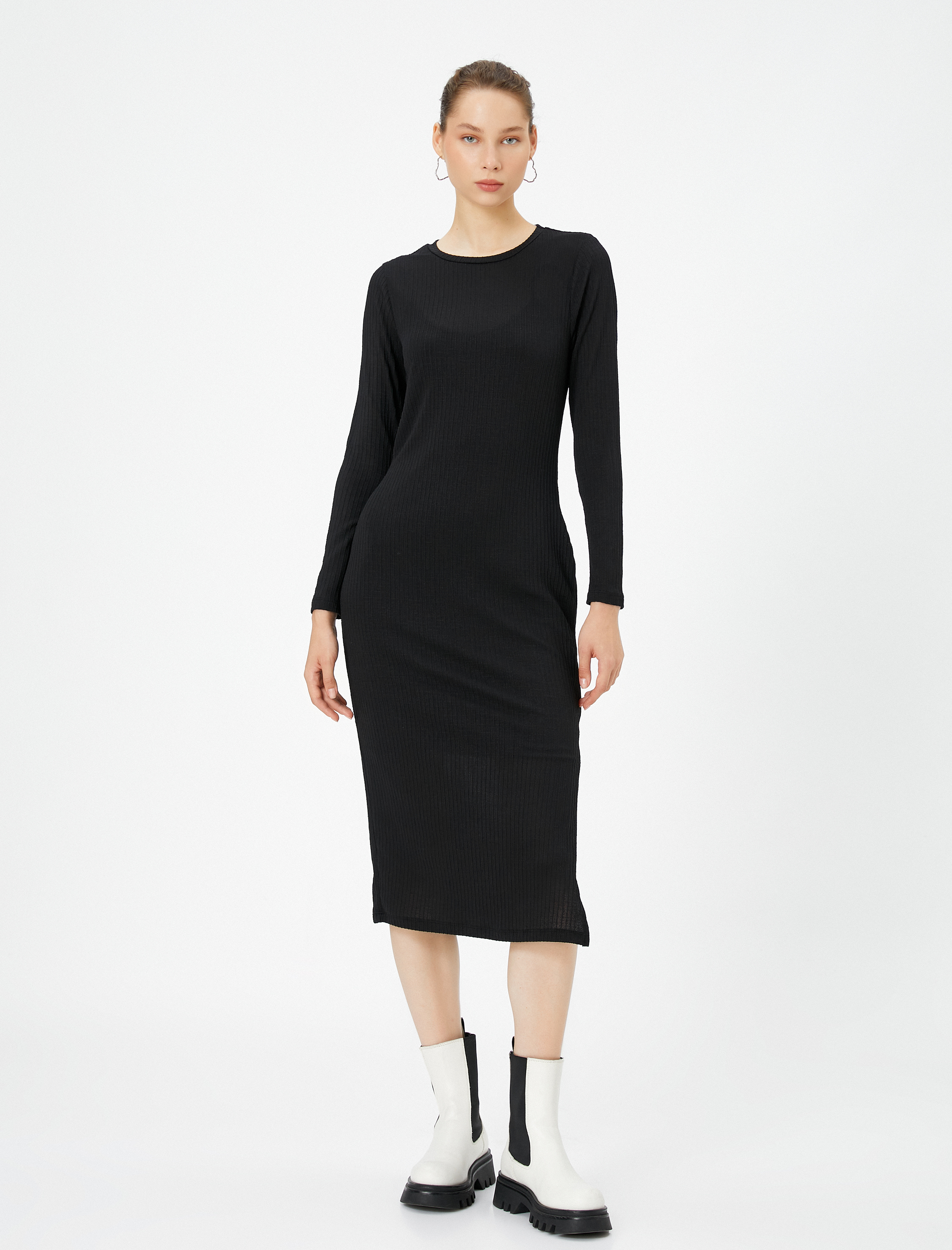   Kalem Elbise Basic Uzun Kollu Yuvarlak Yaka Astarlı Yırtmaç Detaylı