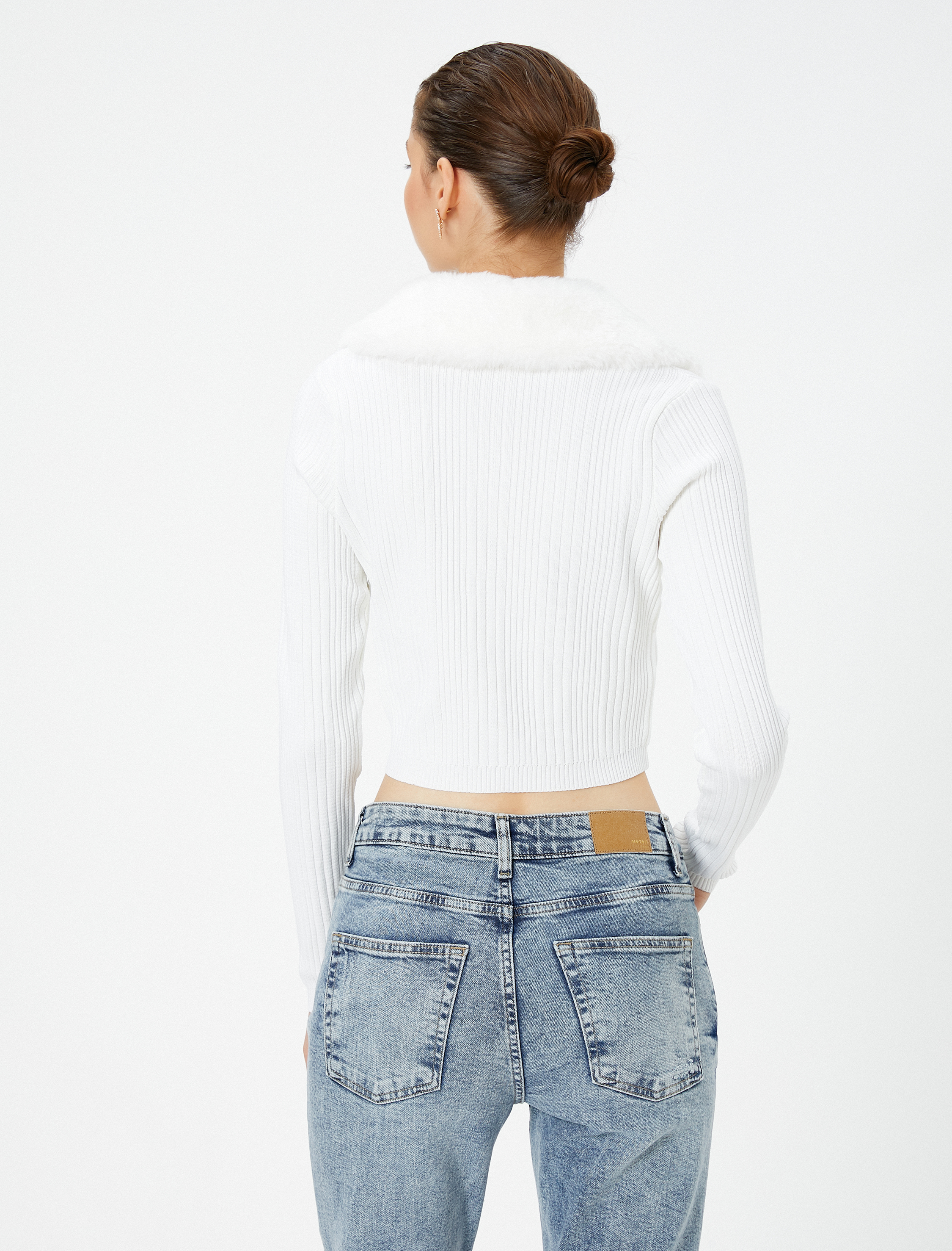   Suni Kürk Yaka Triko Hırka Önü Bağlamalı Uzun Kollu