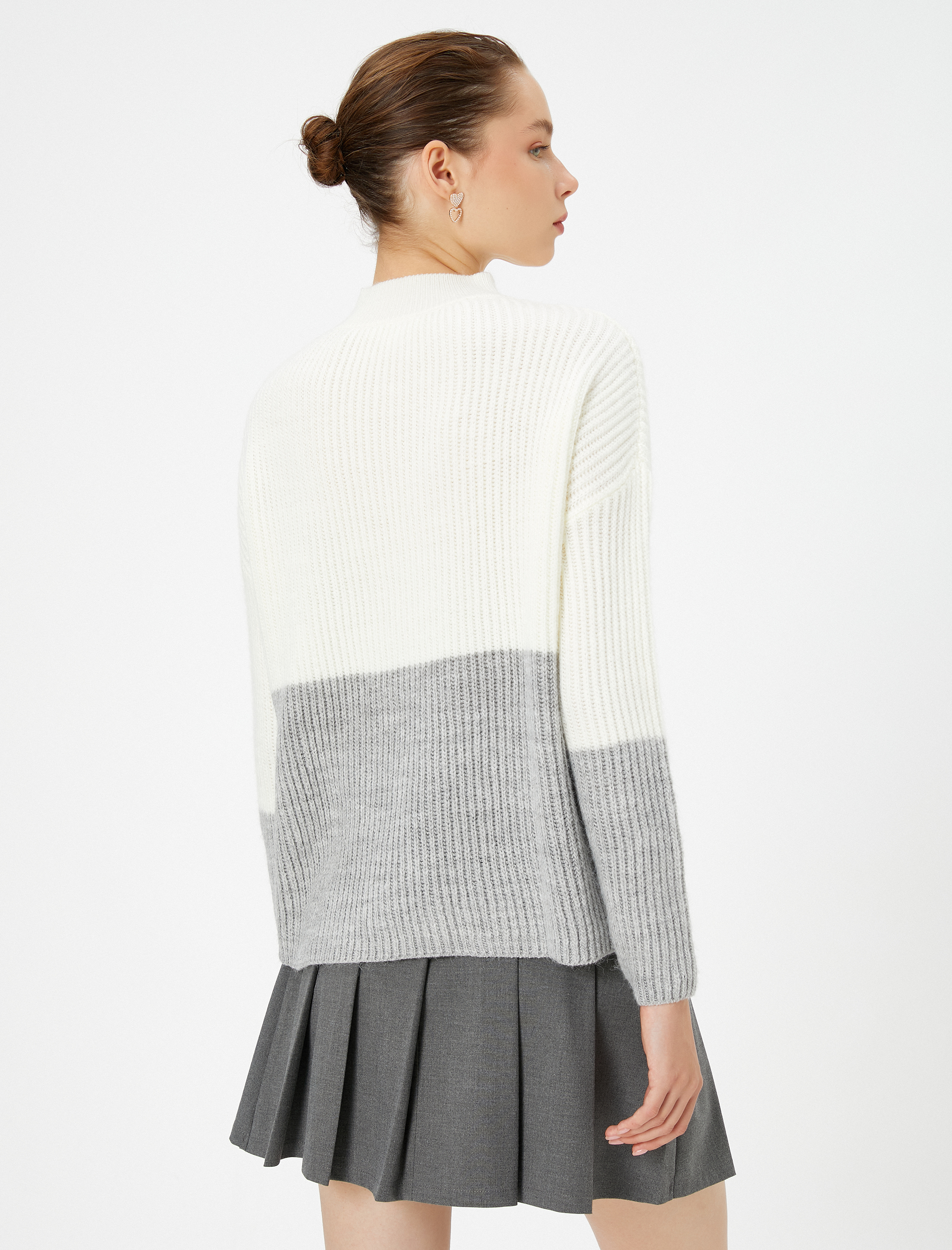   Renk Bloklu Triko Kazak Uzun Kollu Dik Yaka