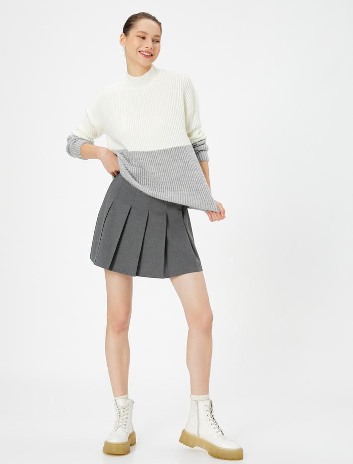  Renk Bloklu Triko Kazak Uzun Kollu Dik Yaka