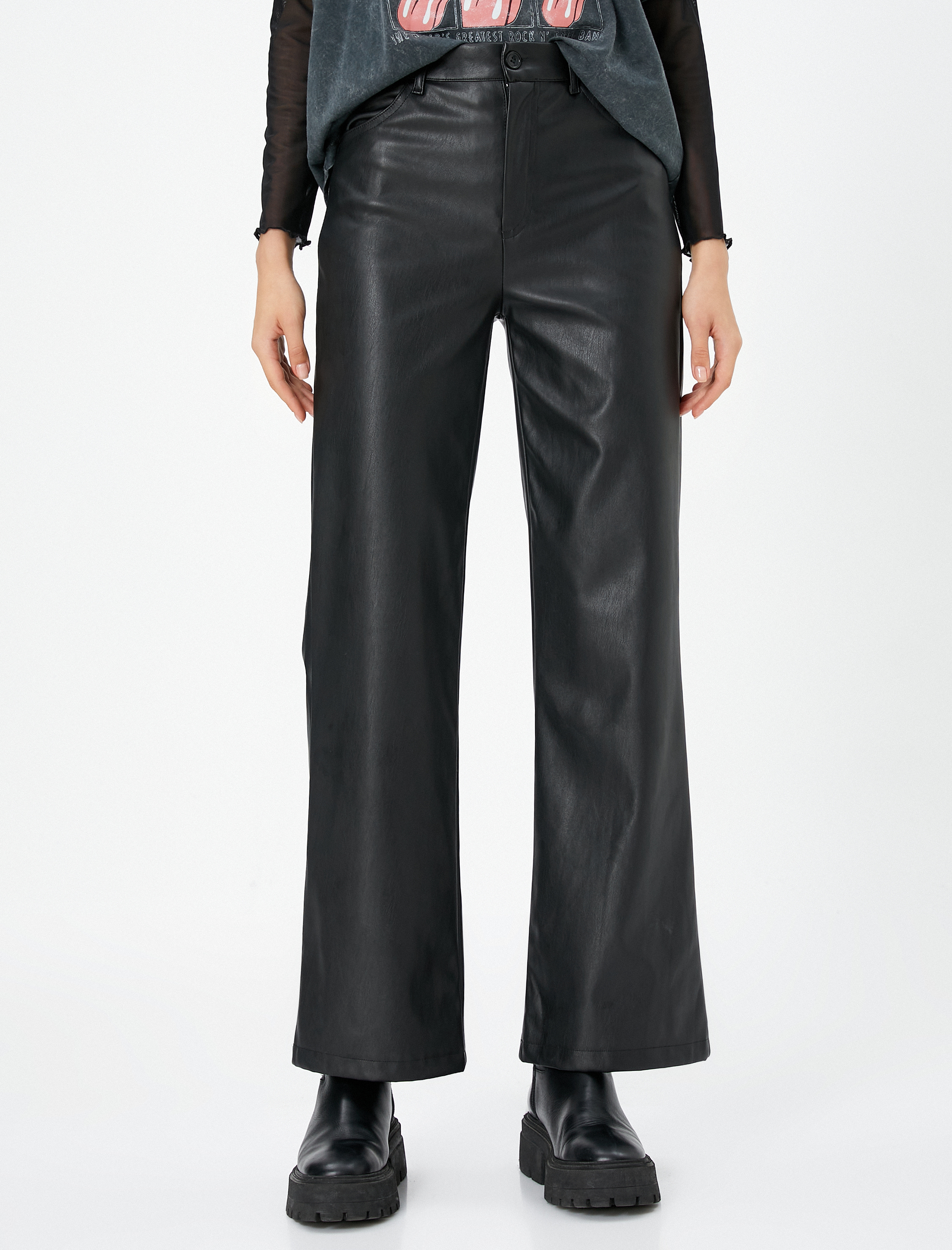   Deri Görünümlü Pantolon Normal Bel Cepsiz