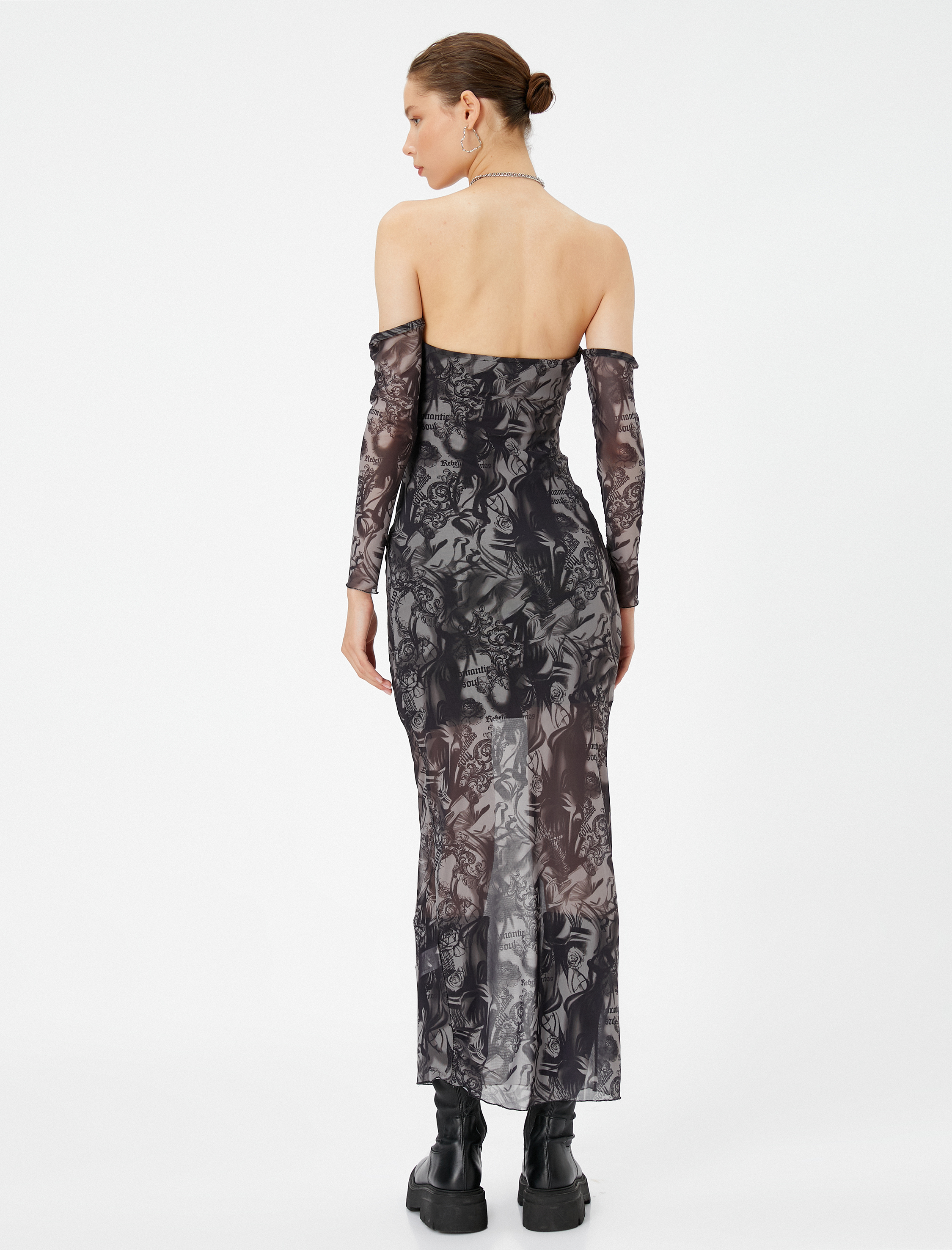   Maksi Transparan Straplez Elbise Astarlı Gotik Temalı Baskılı