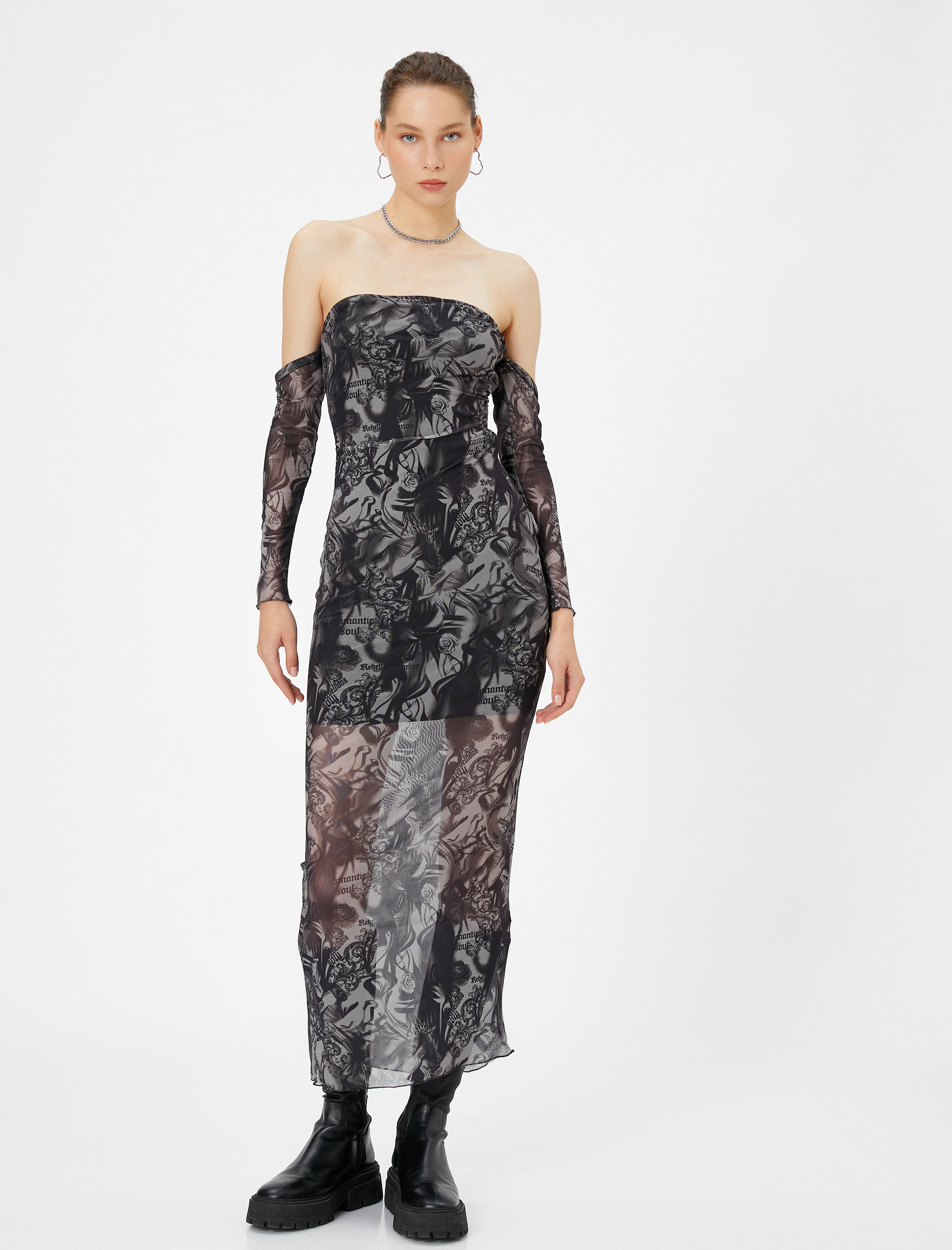   Maksi Transparan Straplez Elbise Astarlı Gotik Temalı Baskılı