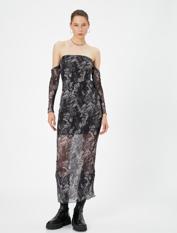  Maksi Transparan Straplez Elbise Astarlı Gotik Temalı Baskılı