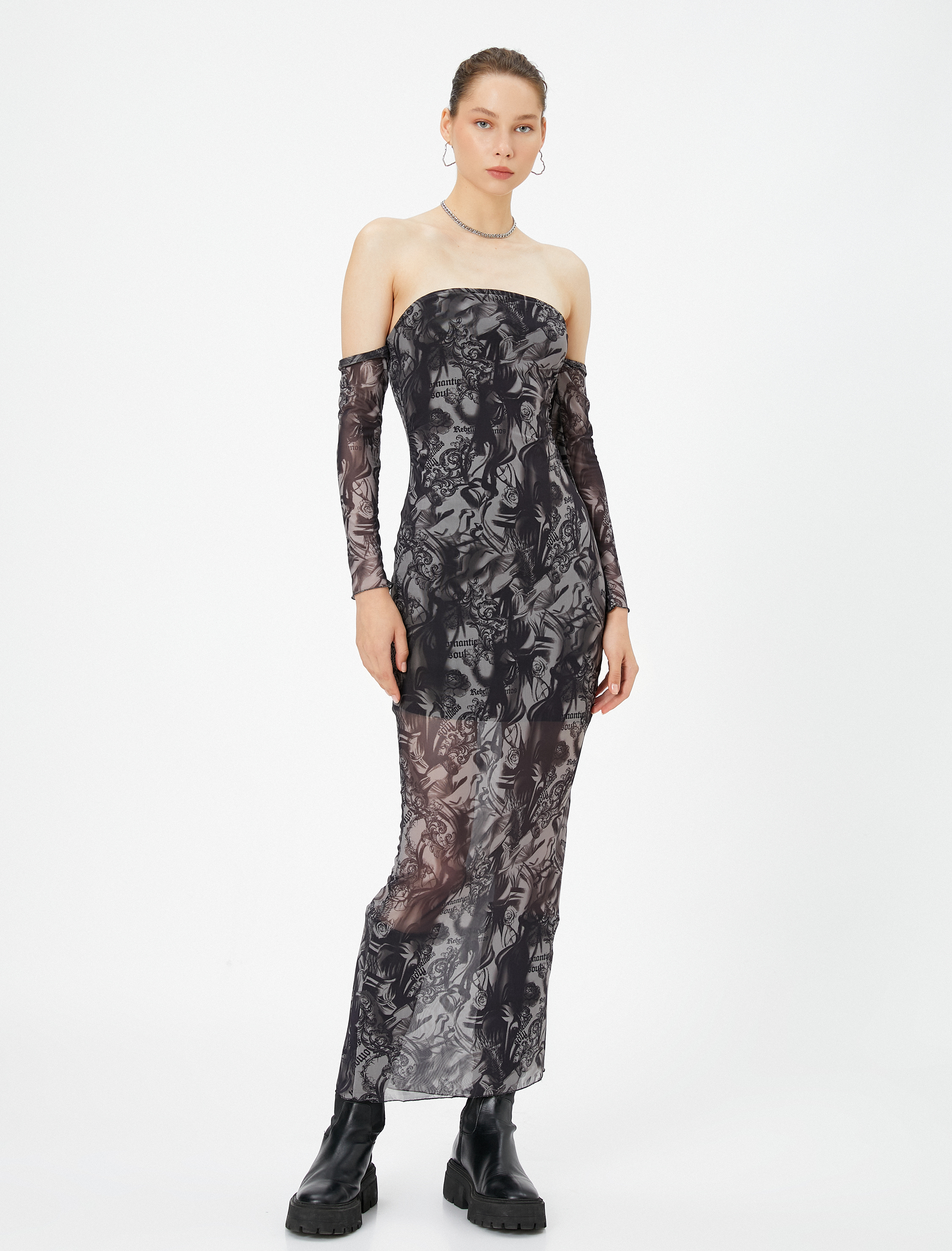   Maksi Transparan Straplez Elbise Astarlı Gotik Temalı Baskılı