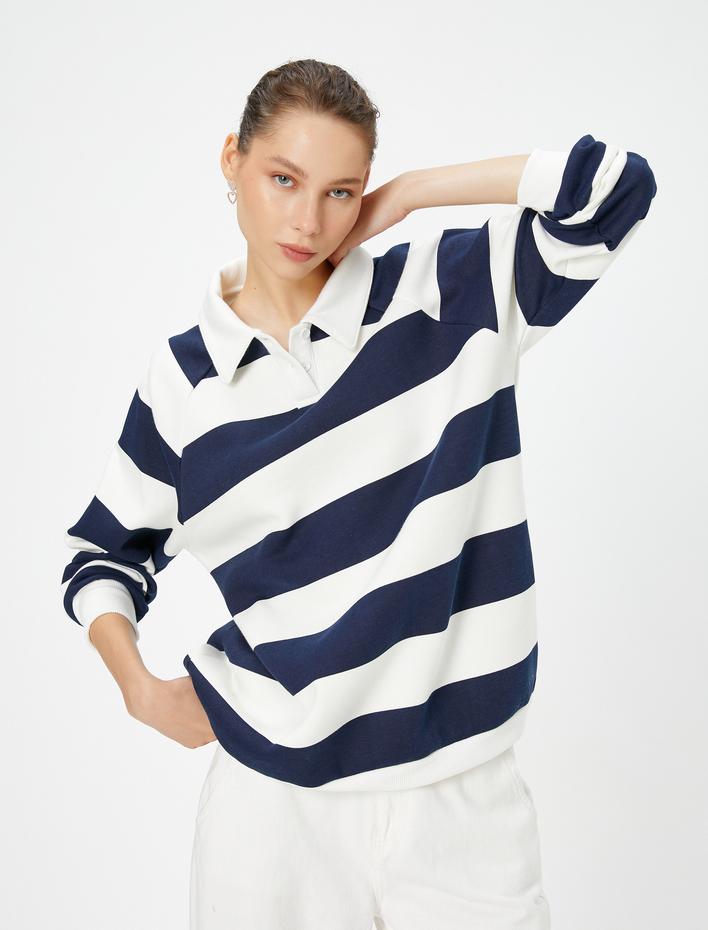  Polo Yaka Sweatshirt Şardonlu Uzun Kollu