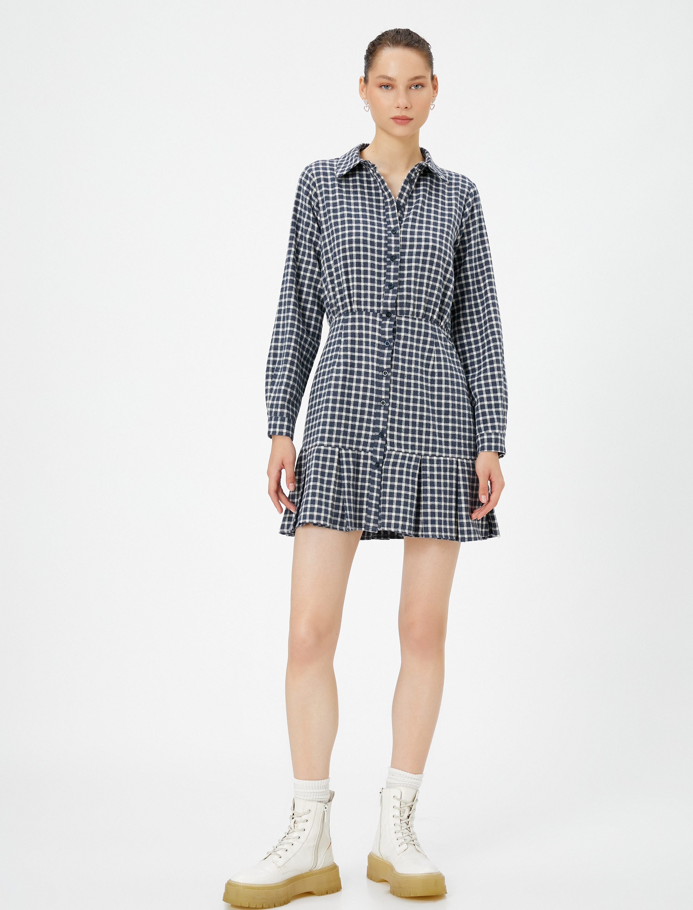   Mini Gömlek Elbise Uzun Kollu Fırfırlı