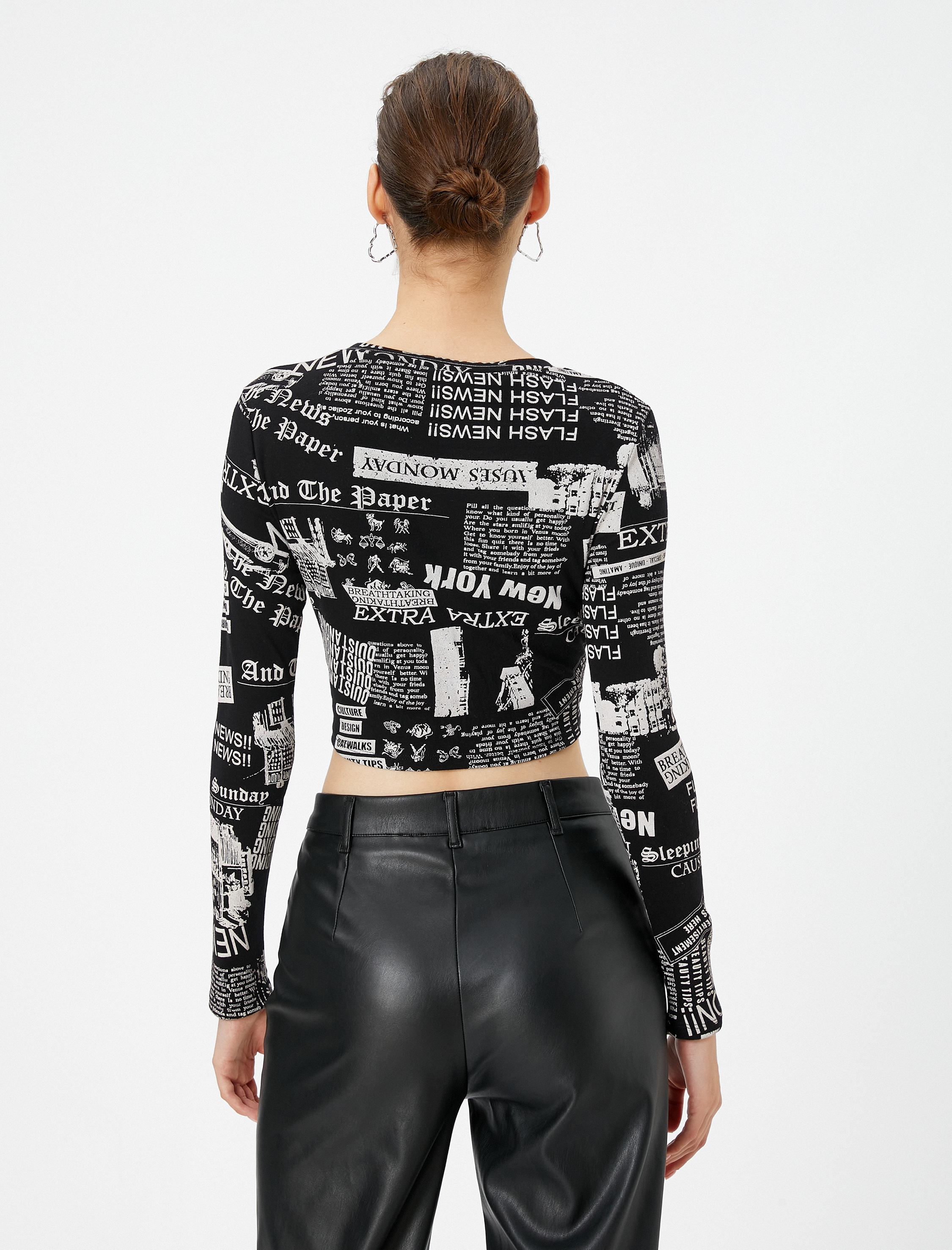   Crop Uzun Kollu Tişört Baskılı Yuvarlak Yaka Pamuklu