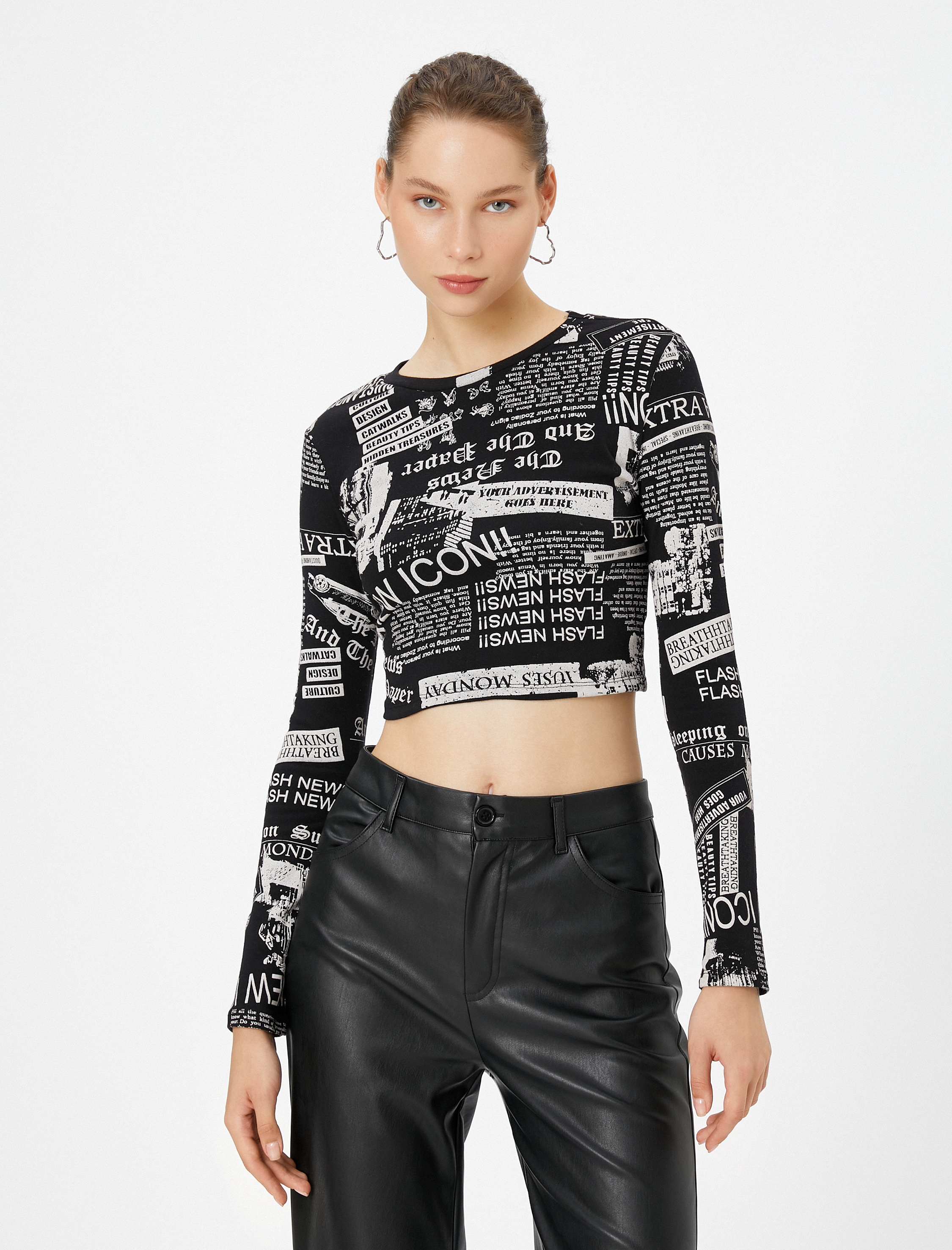   Crop Uzun Kollu Tişört Baskılı Yuvarlak Yaka Pamuklu