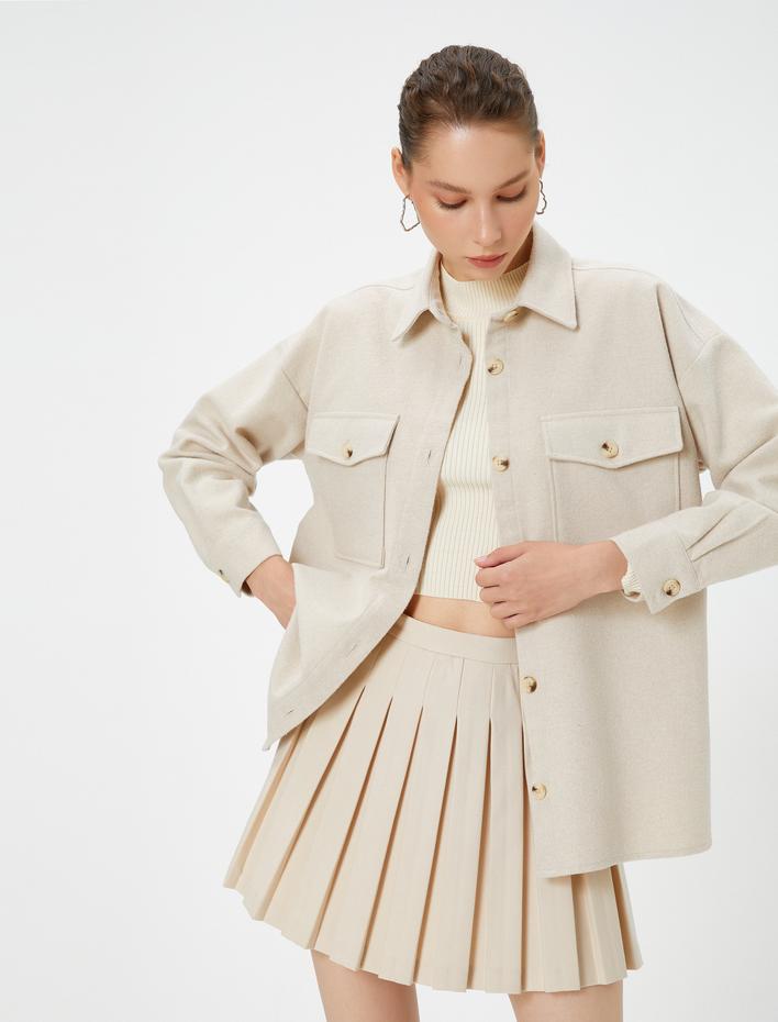  Oversize Gömlek Yumuşak Dokulu Kapaklı Cepli Klasik Yaka