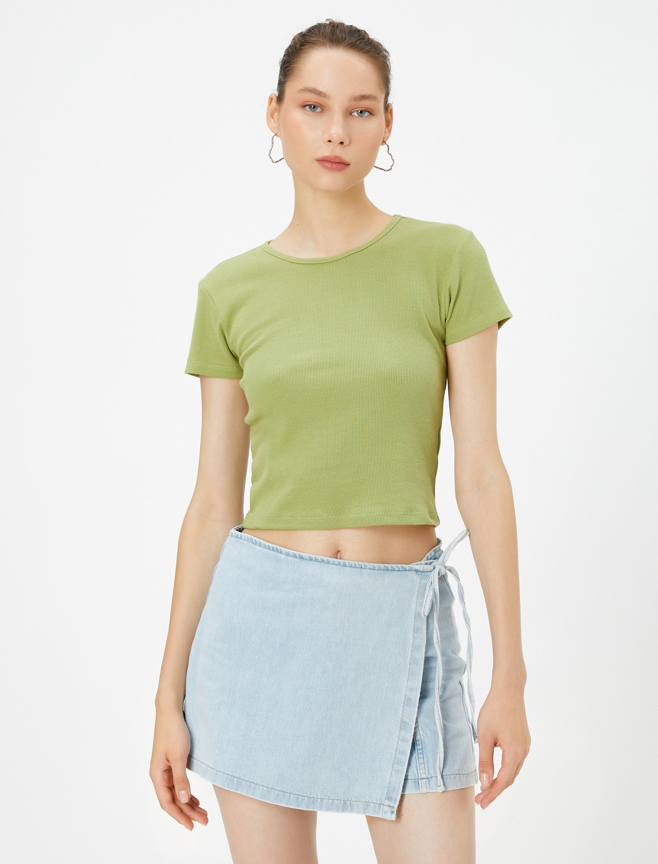   Crop Basic Tişört Kısa Kollu Yuvarlak Yaka Pamuklu