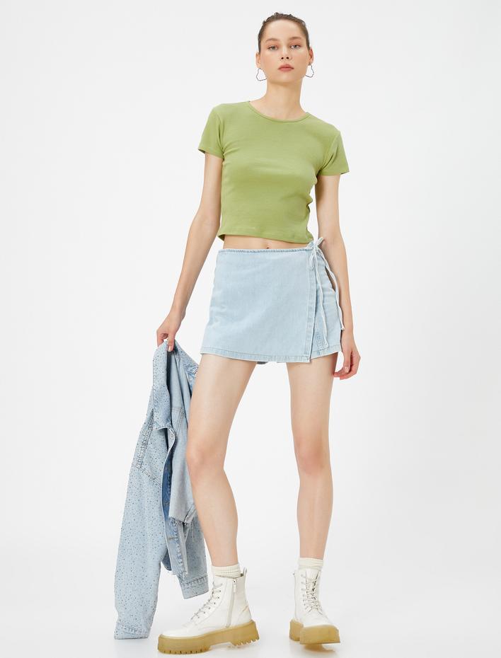  Crop Basic Tişört Kısa Kollu Yuvarlak Yaka Pamuklu