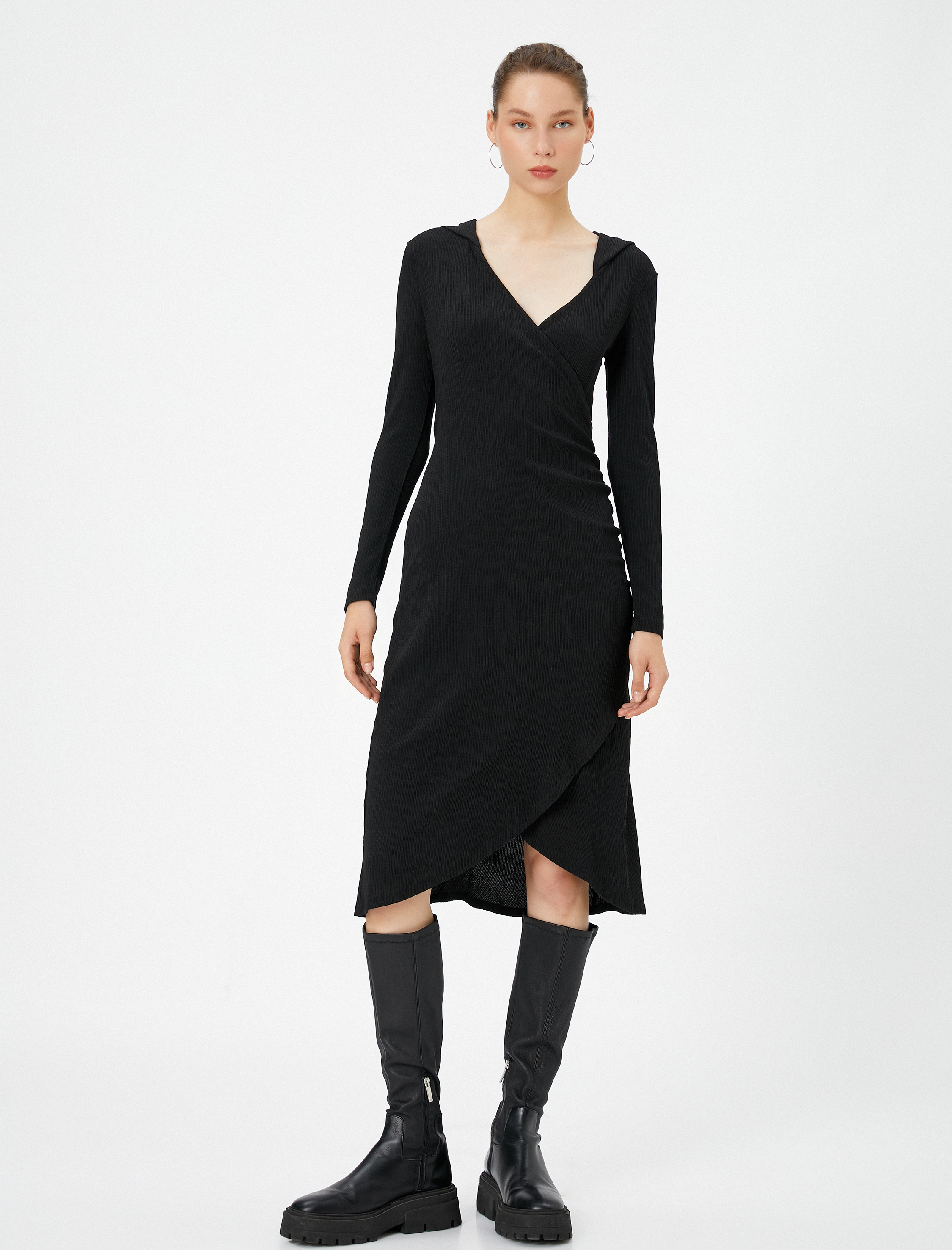   Kruvaze Midi Kapşonlu Elbise Uzun Kollu V Yaka Asimetrik Kesim Bürümcük