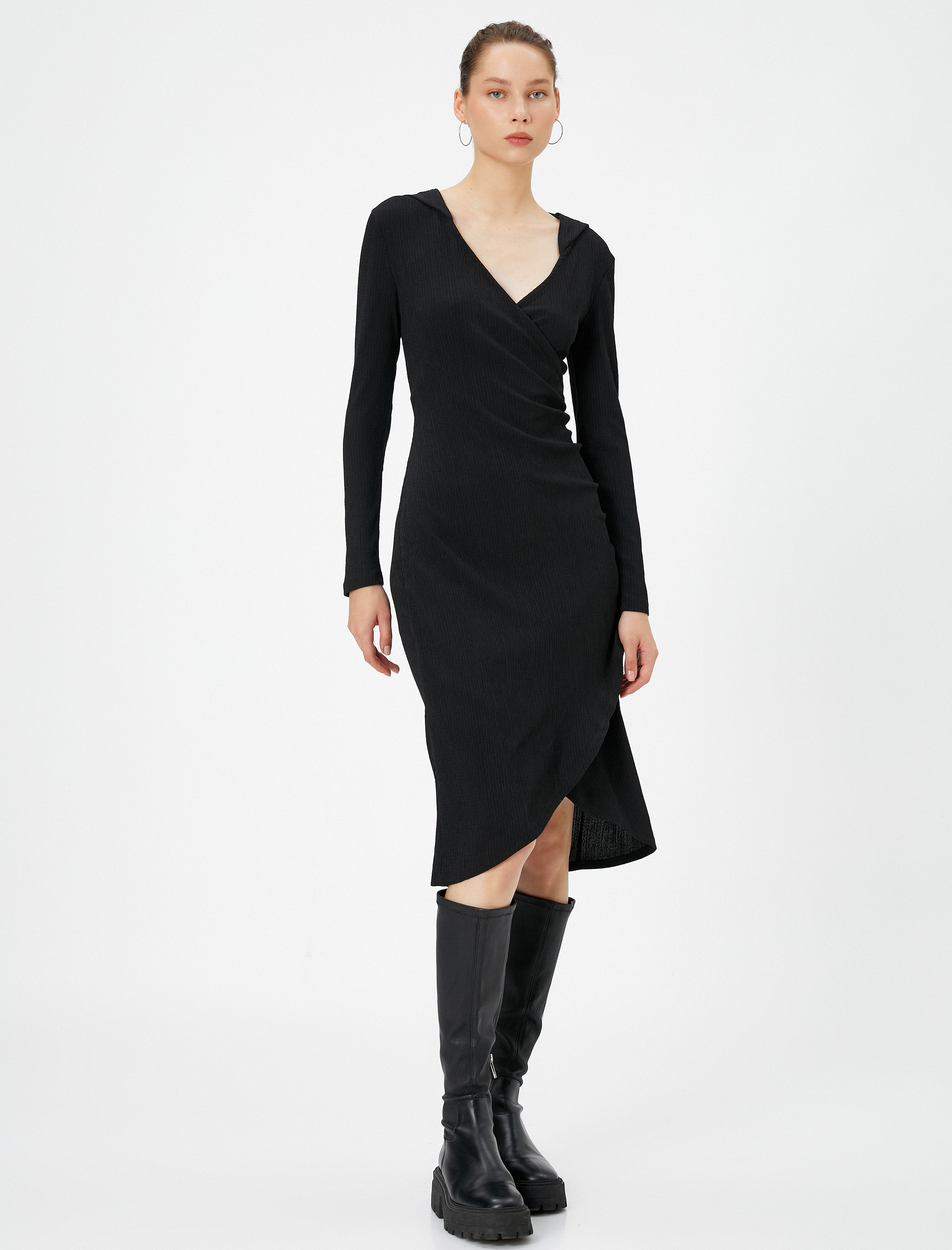   Kruvaze Midi Kapşonlu Elbise Uzun Kollu V Yaka Asimetrik Kesim Bürümcük