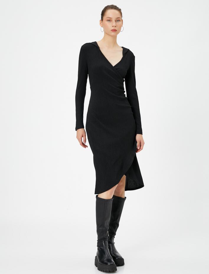  Kruvaze Midi Kapşonlu Elbise Uzun Kollu V Yaka Asimetrik Kesim Bürümcük