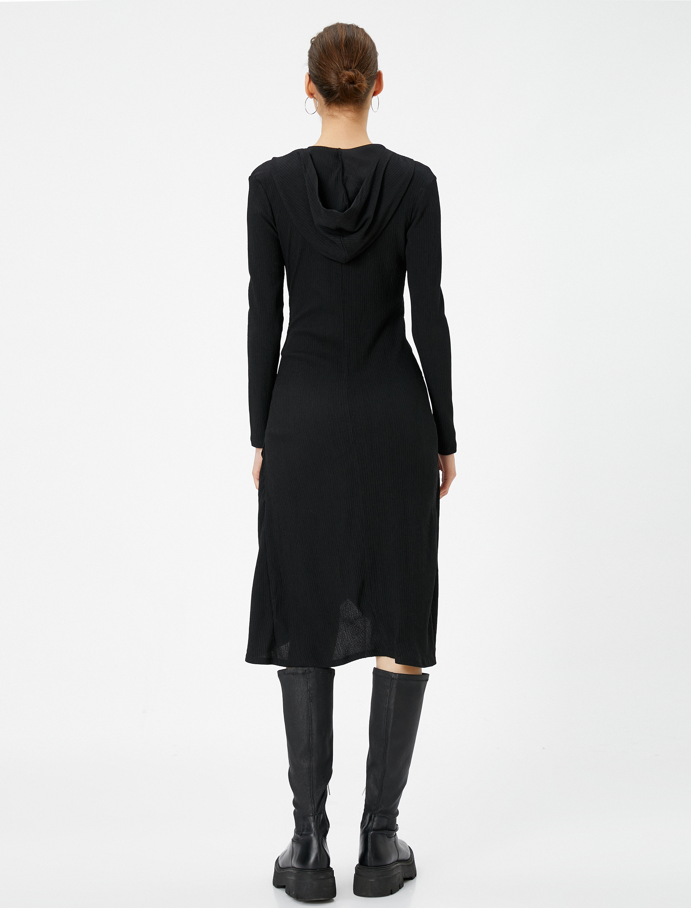   Kruvaze Midi Kapşonlu Elbise Uzun Kollu V Yaka Asimetrik Kesim Bürümcük