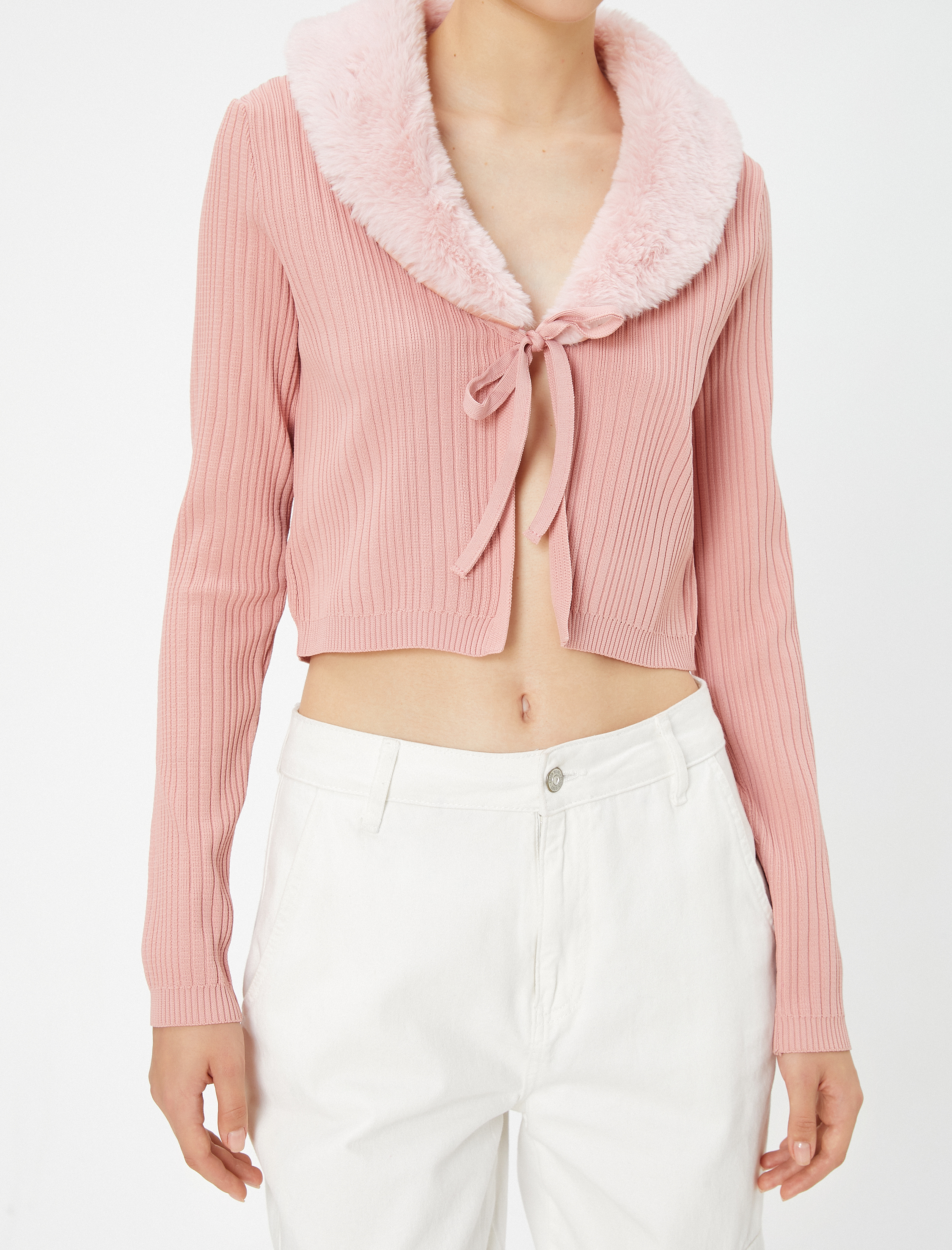   Suni Kürk Yaka Triko Hırka Önü Bağlamalı Uzun Kollu