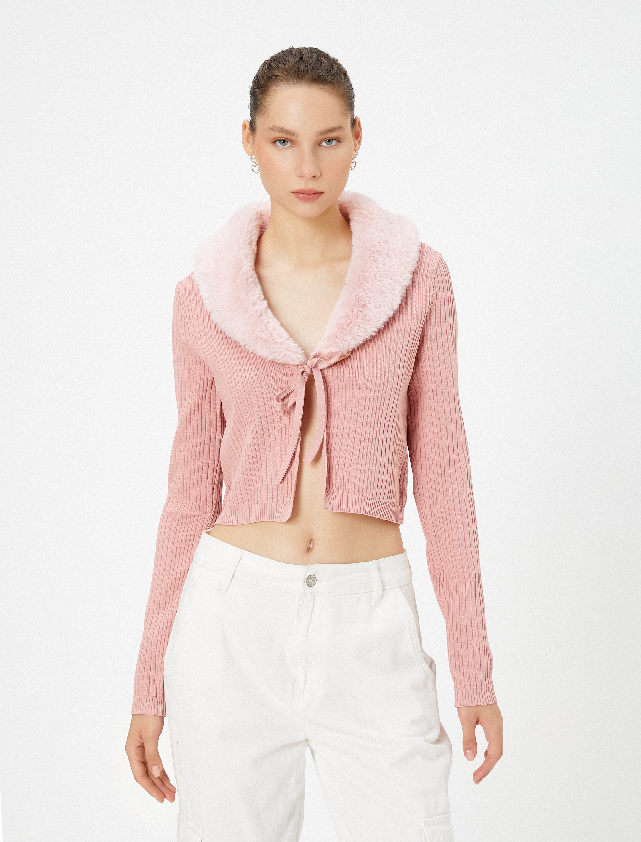   Suni Kürk Yaka Triko Hırka Önü Bağlamalı Uzun Kollu