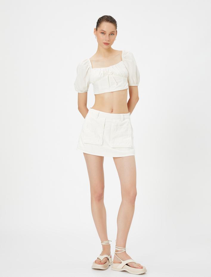  Balon Kol Crop Bluz Önü Büzgülü Bağlamalı Kare Yaka Pamuklu