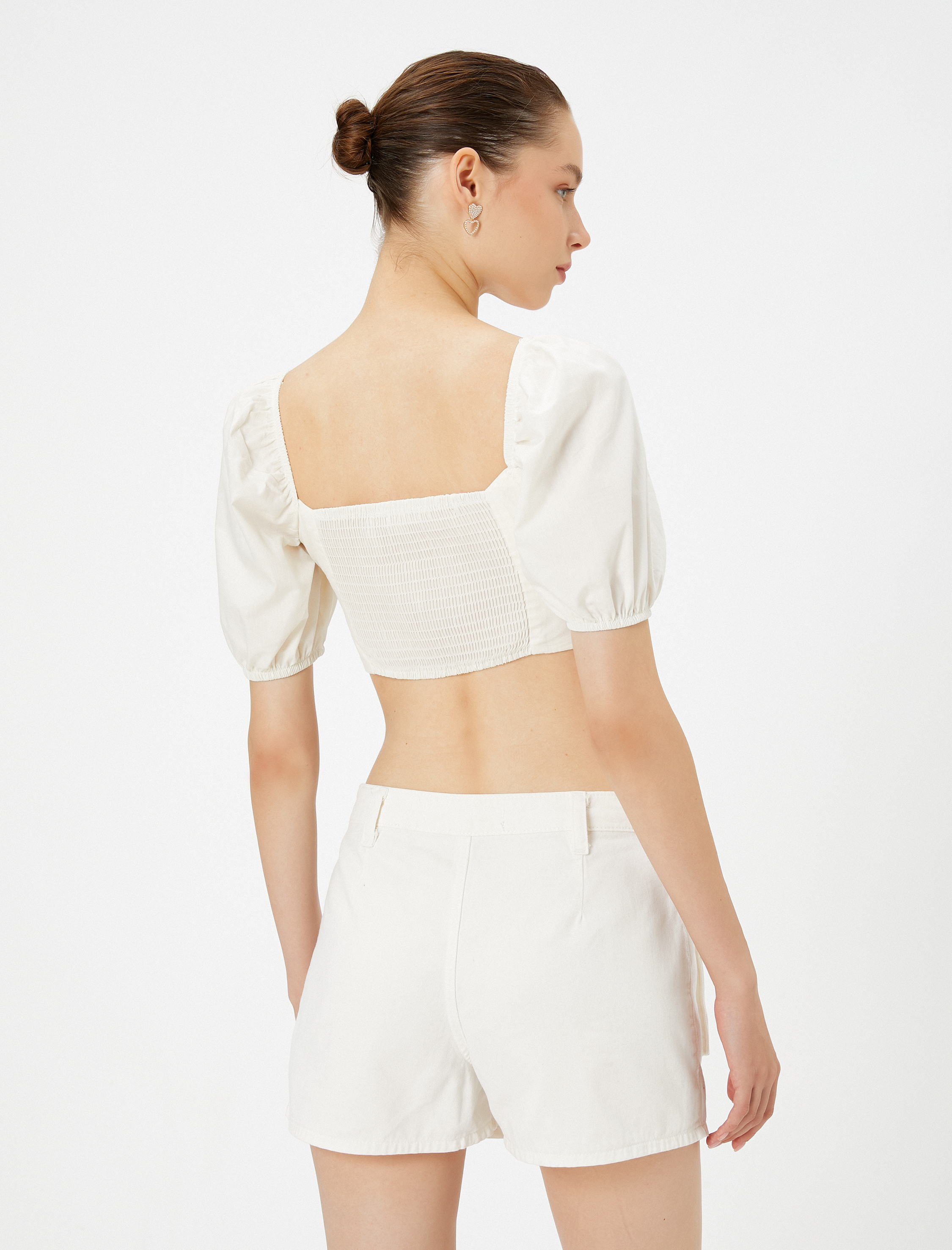   Balon Kol Crop Bluz Önü Büzgülü Bağlamalı Kare Yaka Pamuklu