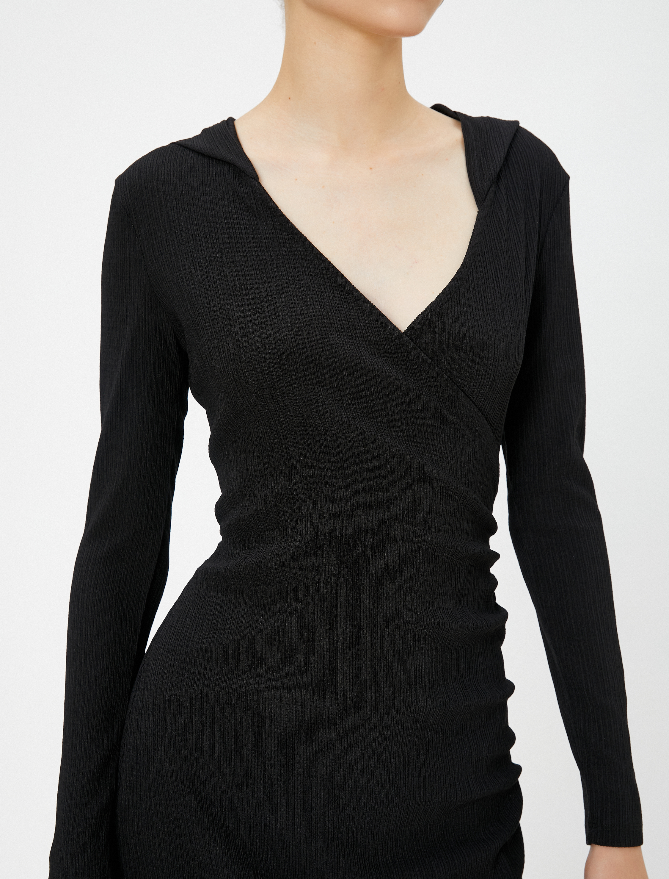   Kruvaze Midi Kapşonlu Elbise Uzun Kollu V Yaka Asimetrik Kesim Bürümcük