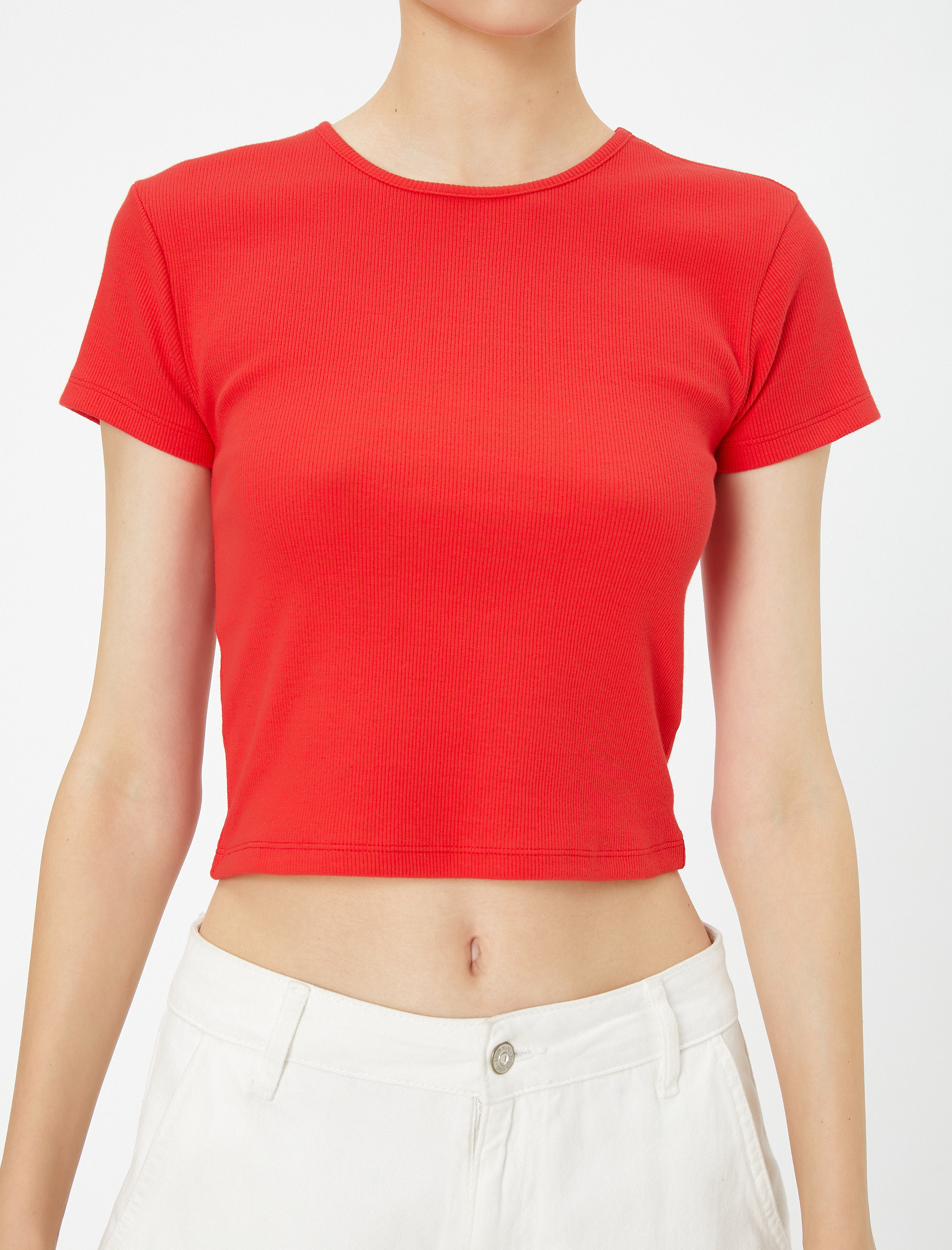   Crop Basic Tişört Kısa Kollu Yuvarlak Yaka Pamuklu