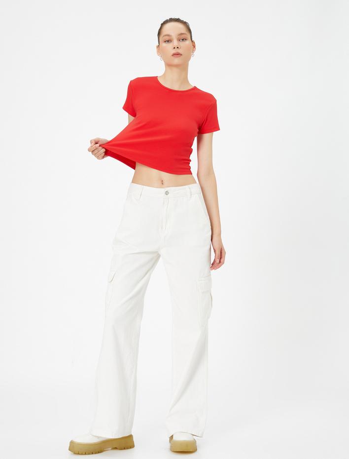  Crop Basic Tişört Kısa Kollu Yuvarlak Yaka Pamuklu