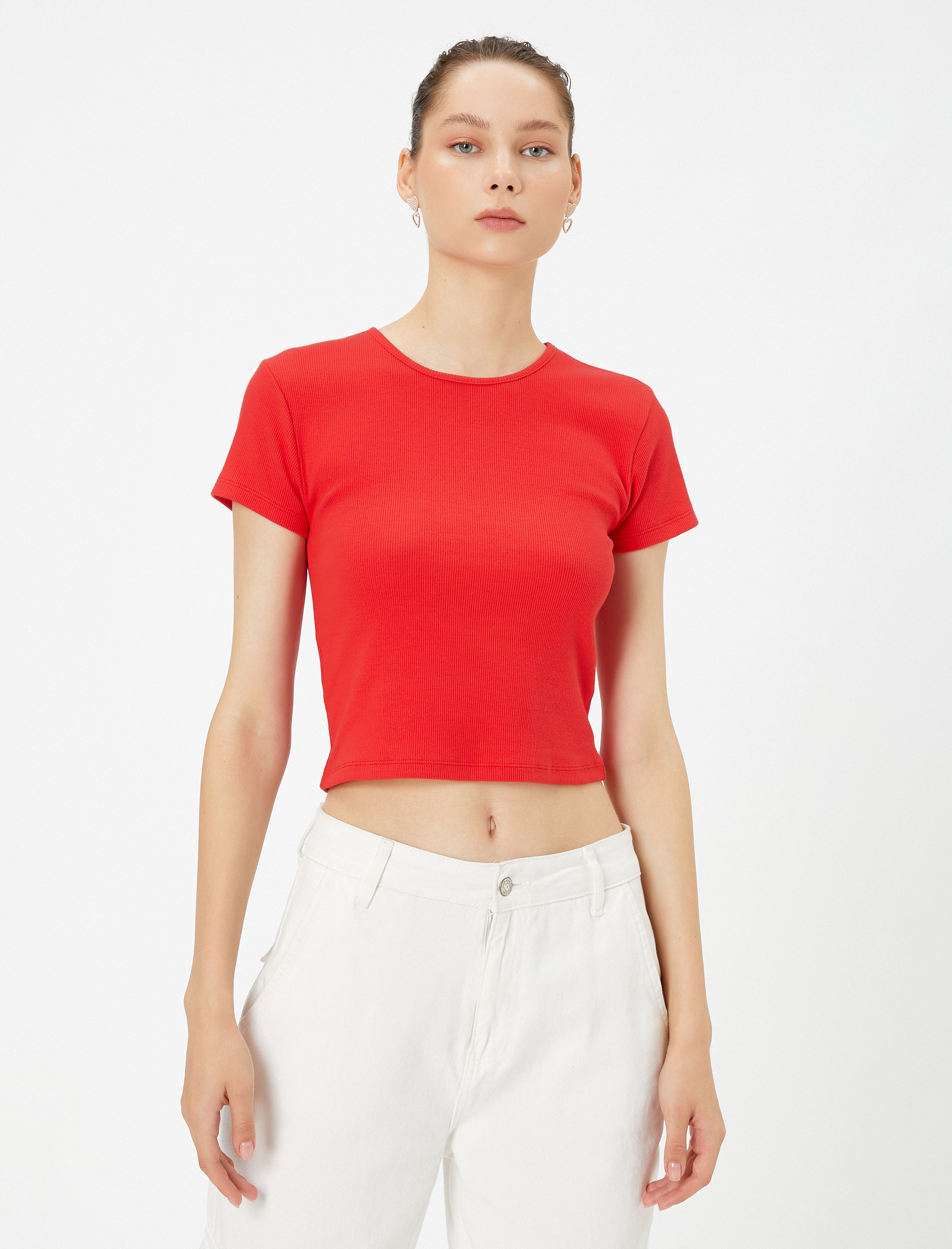   Crop Basic Tişört Kısa Kollu Yuvarlak Yaka Pamuklu