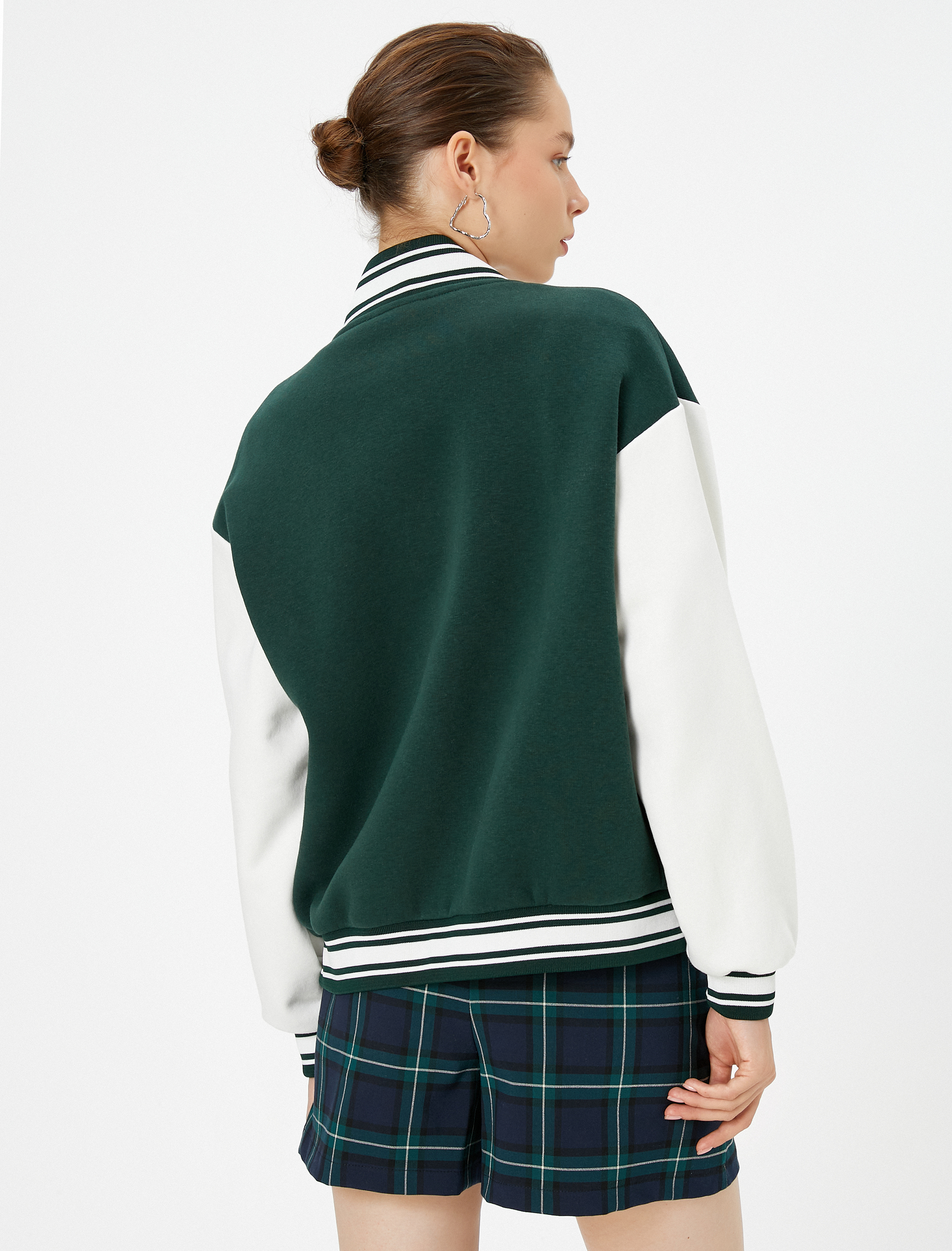 Şardonlu Bomber Ceket Aplike Detaylı Kolej Baskılı Cepli