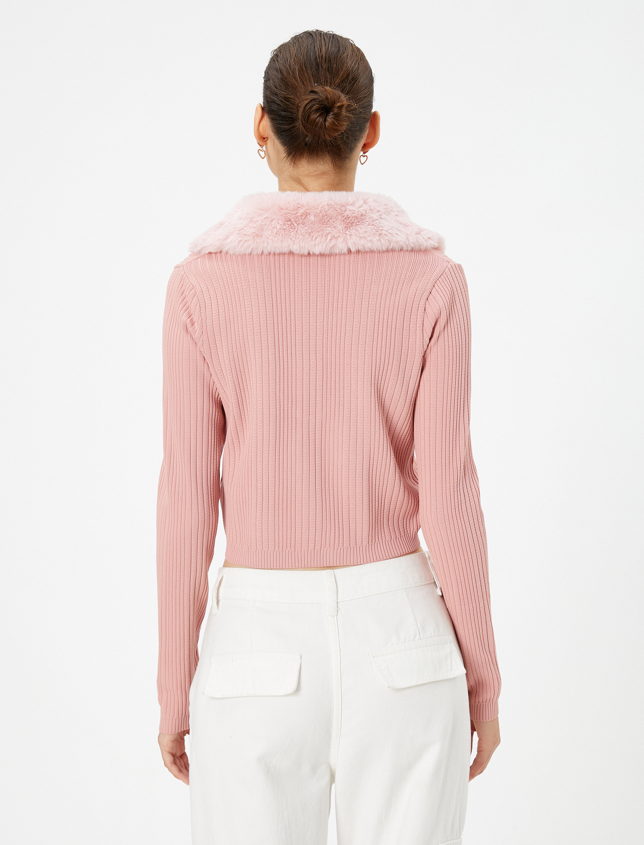   Suni Kürk Yaka Triko Hırka Önü Bağlamalı Uzun Kollu