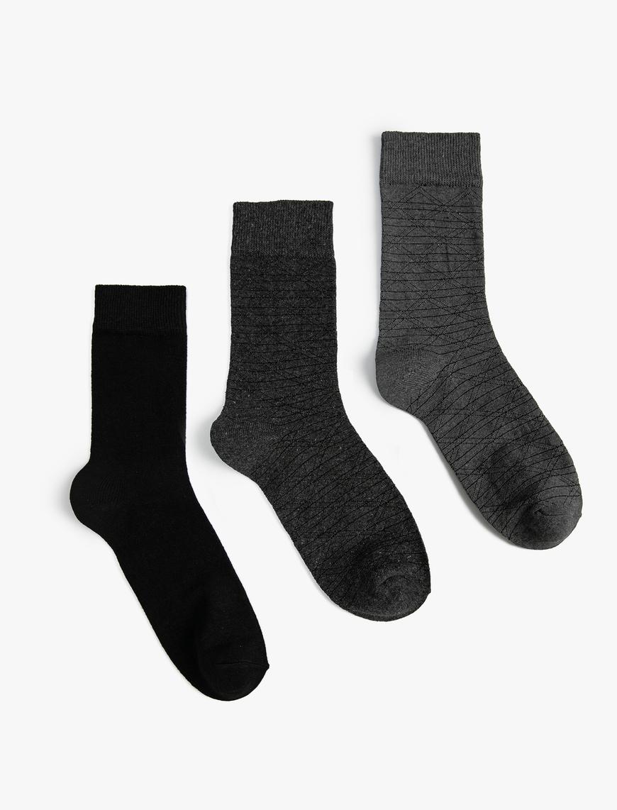  Erkek 3'lü Soket Çorap Seti Geometrik İşlemeli Çok Renkli