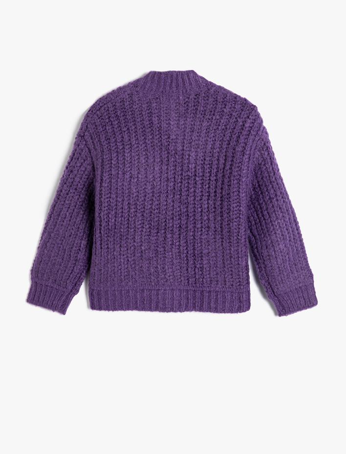 Kız Çocuk Örgü Hırka Düğme Kapamalı Uzun Kollu Yuvarlak Dik Yaka