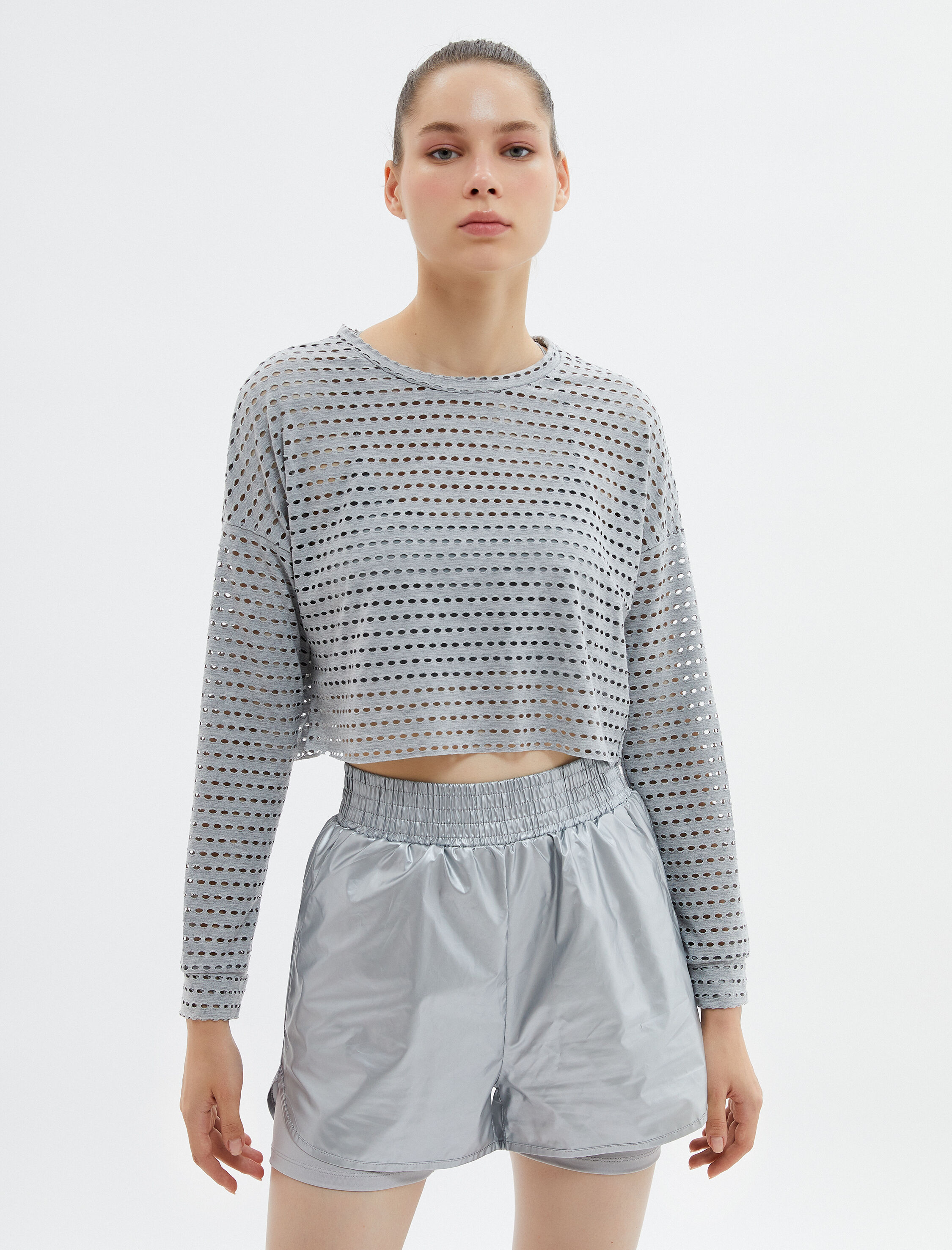   Delikli Crop Spor Tişört Viskon Karışımlı Uzun Kollu Bisiklet Yaka