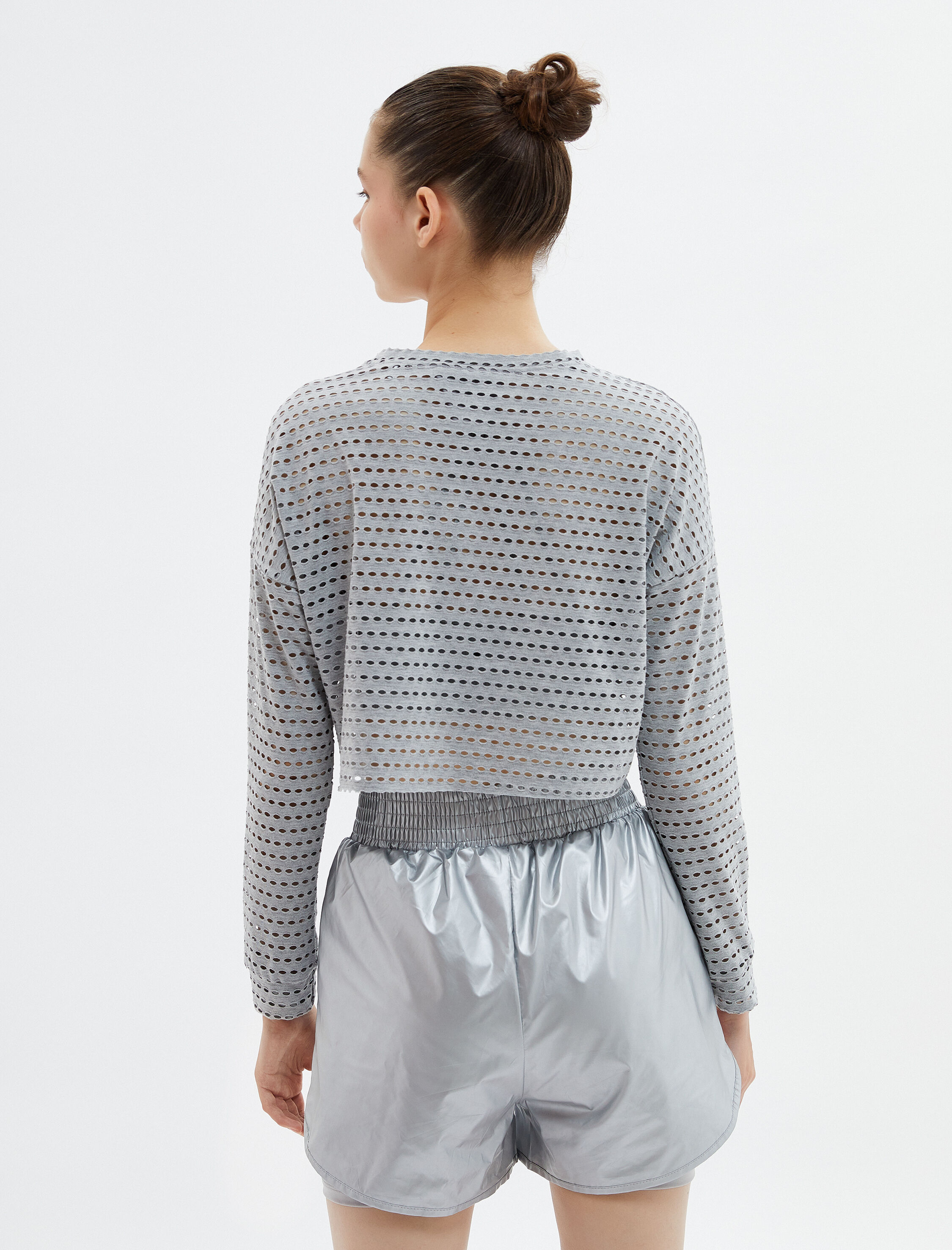   Delikli Crop Spor Tişört Viskon Karışımlı Uzun Kollu Bisiklet Yaka