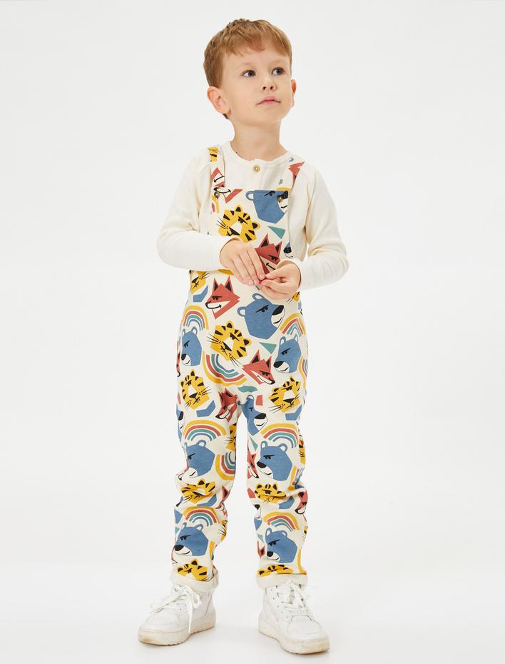 Erkek Bebek Askılı Tulum Hayvanlar Baskılı Şardonlu Pamuklu