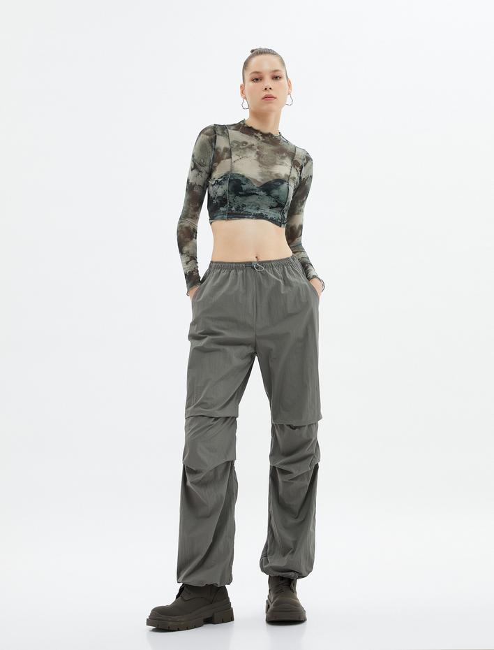  Paraşüt Pantolon Yüksek Bel Kat Detaylı Stoperli Cepli