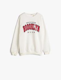 Sweatshirt Uzun Kollu Yazı Baskılı Şardonlu Bisiklet Yaka