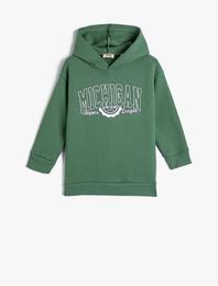 Kapşonlu Sweatshirt Yazı Baskılı Uzun Kollu Şardonlu