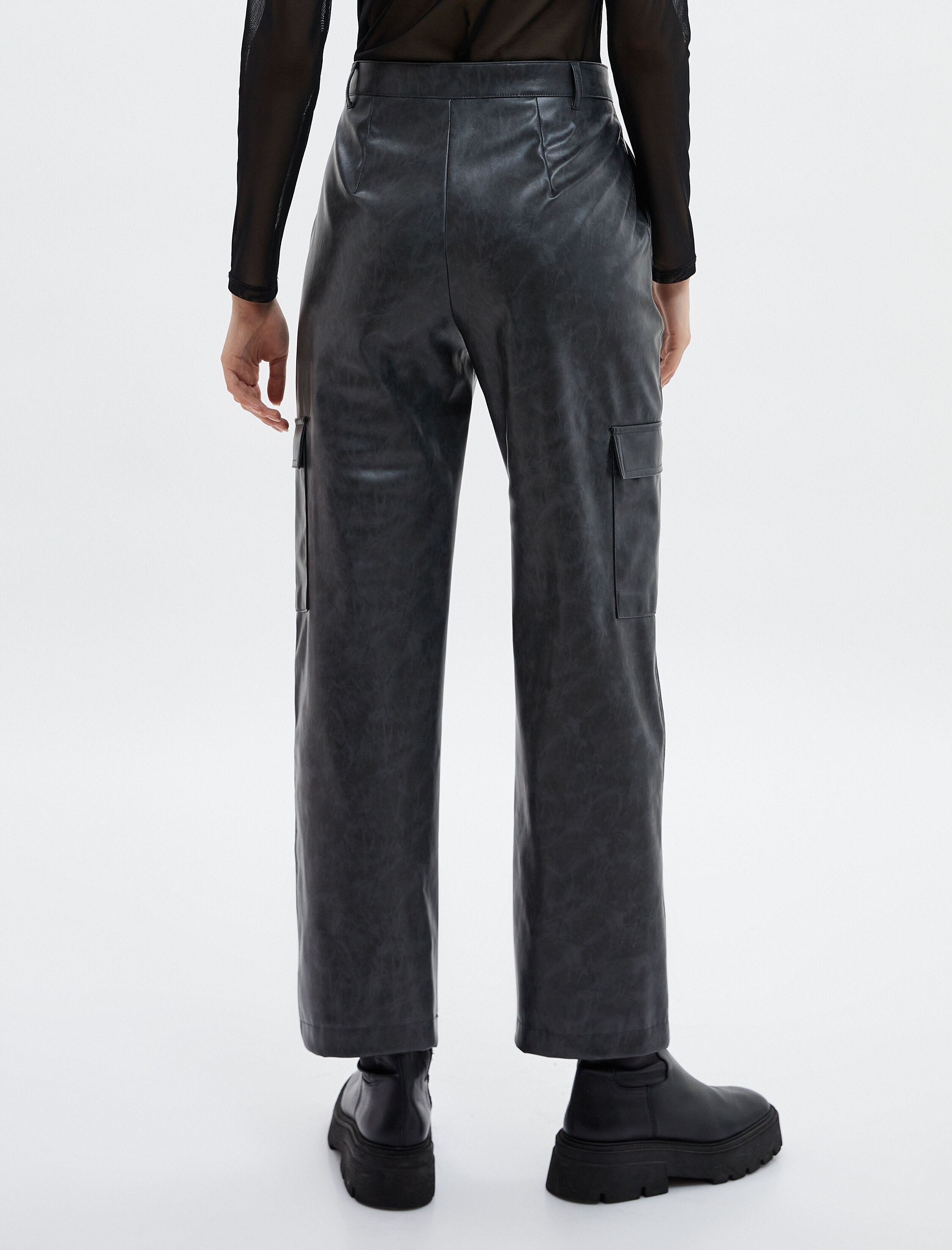   Deri Görünümlü Kargo Pantolon Soluk Efektli Normal Bel Düz Geniş Paça Cepli