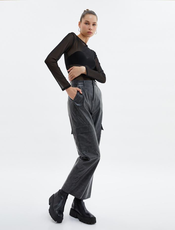  Deri Görünümlü Kargo Pantolon Soluk Efektli Normal Bel Düz Geniş Paça Cepli