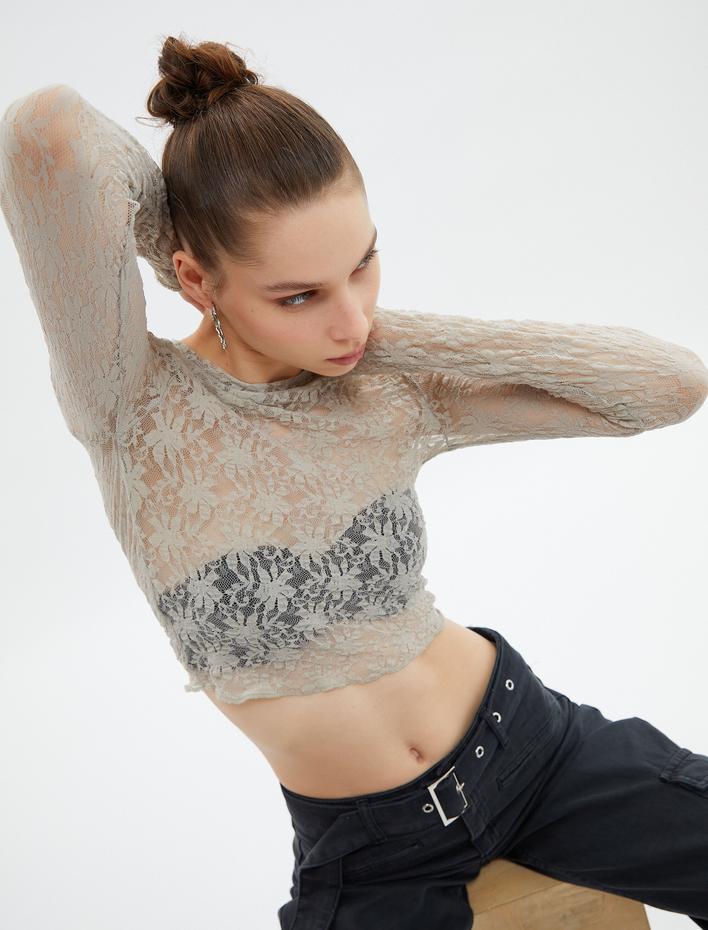  Crop Tül Bluz Çiçek Desenli Uzun Kollu Dik Yaka