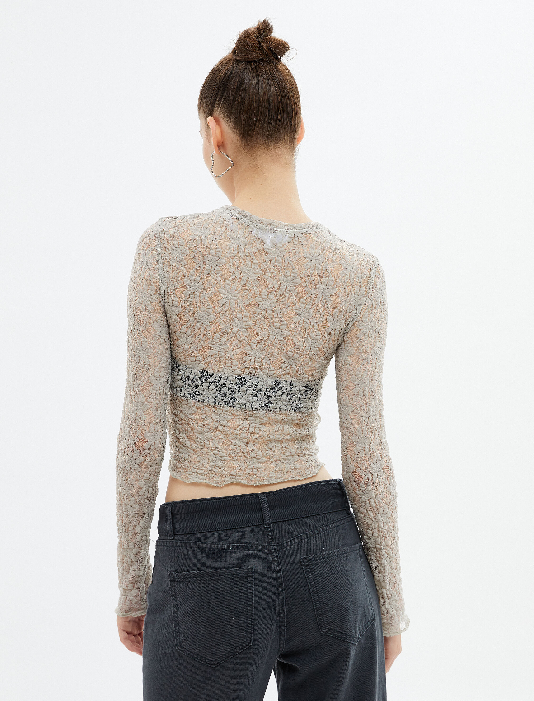   Crop Tül Bluz Çiçek Desenli Uzun Kollu Dik Yaka