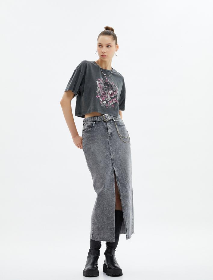  Midi Kot Etek Yırtmaç Detaylı Kemerli Yüksek Bel Cepli Pamuklu