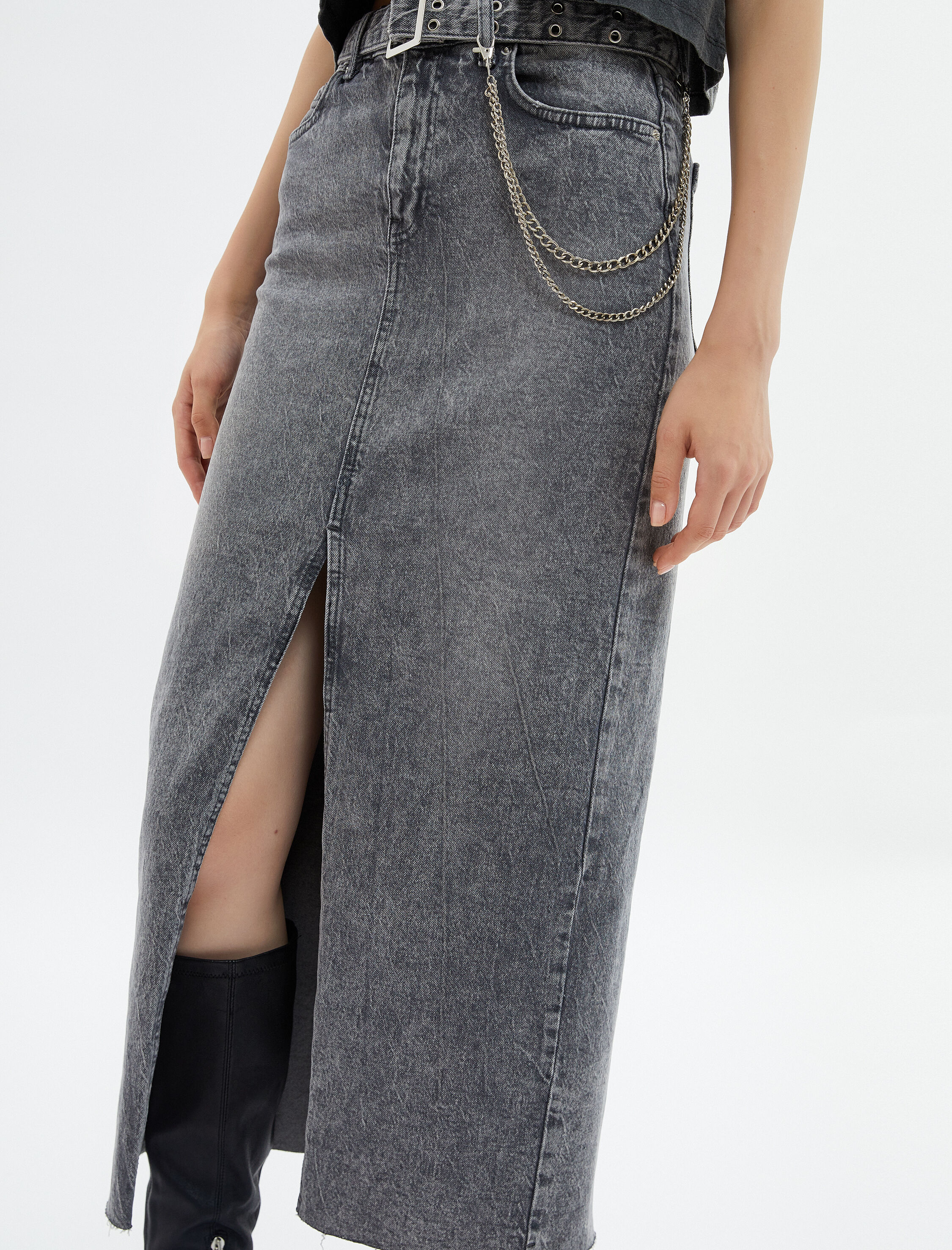   Midi Kot Etek Yırtmaç Detaylı Kemerli Yüksek Bel Cepli Pamuklu