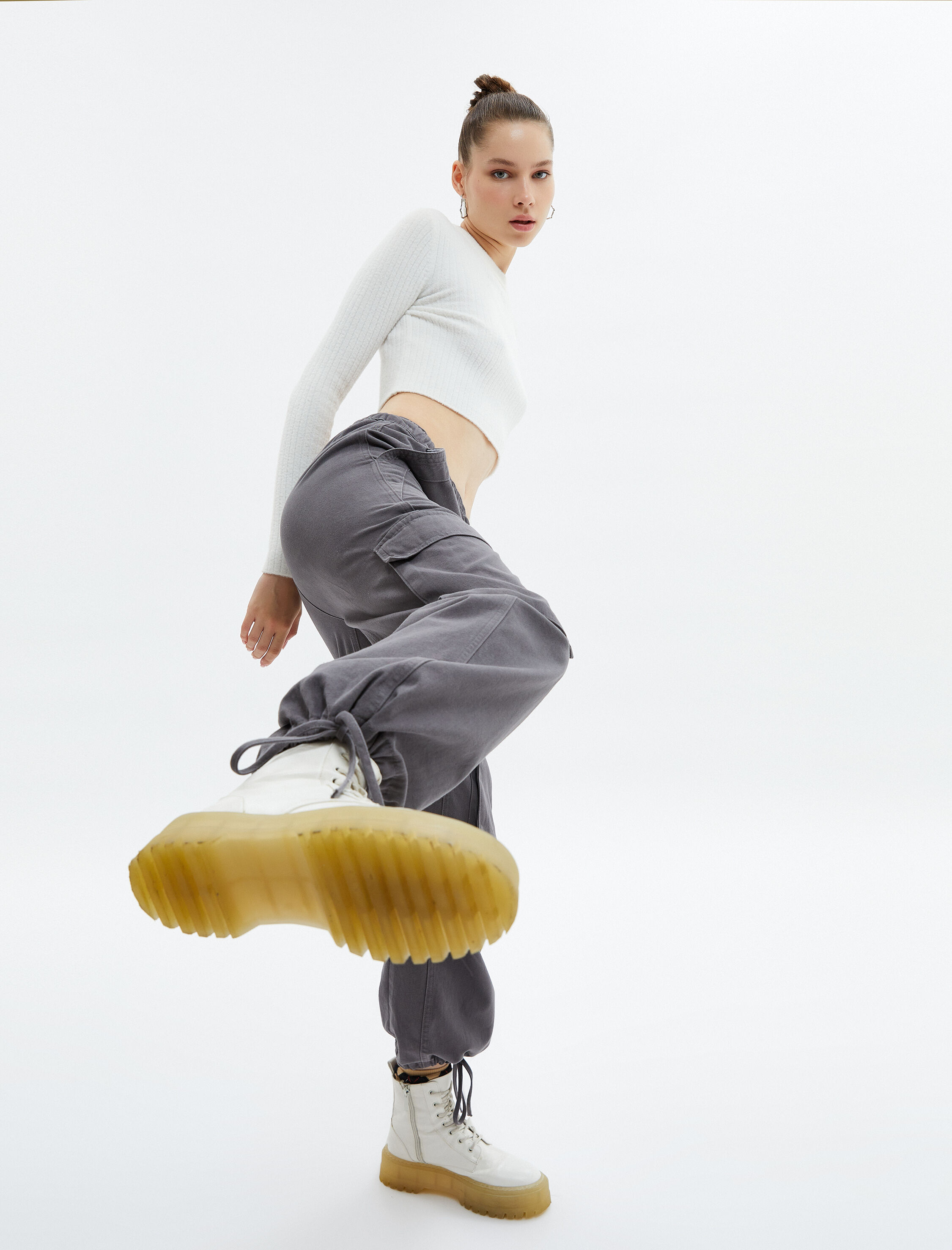   Kargo Jogger Pantolon Soluk Efektli Beli Lastikli Bağlamalı Cepli Pamuklu