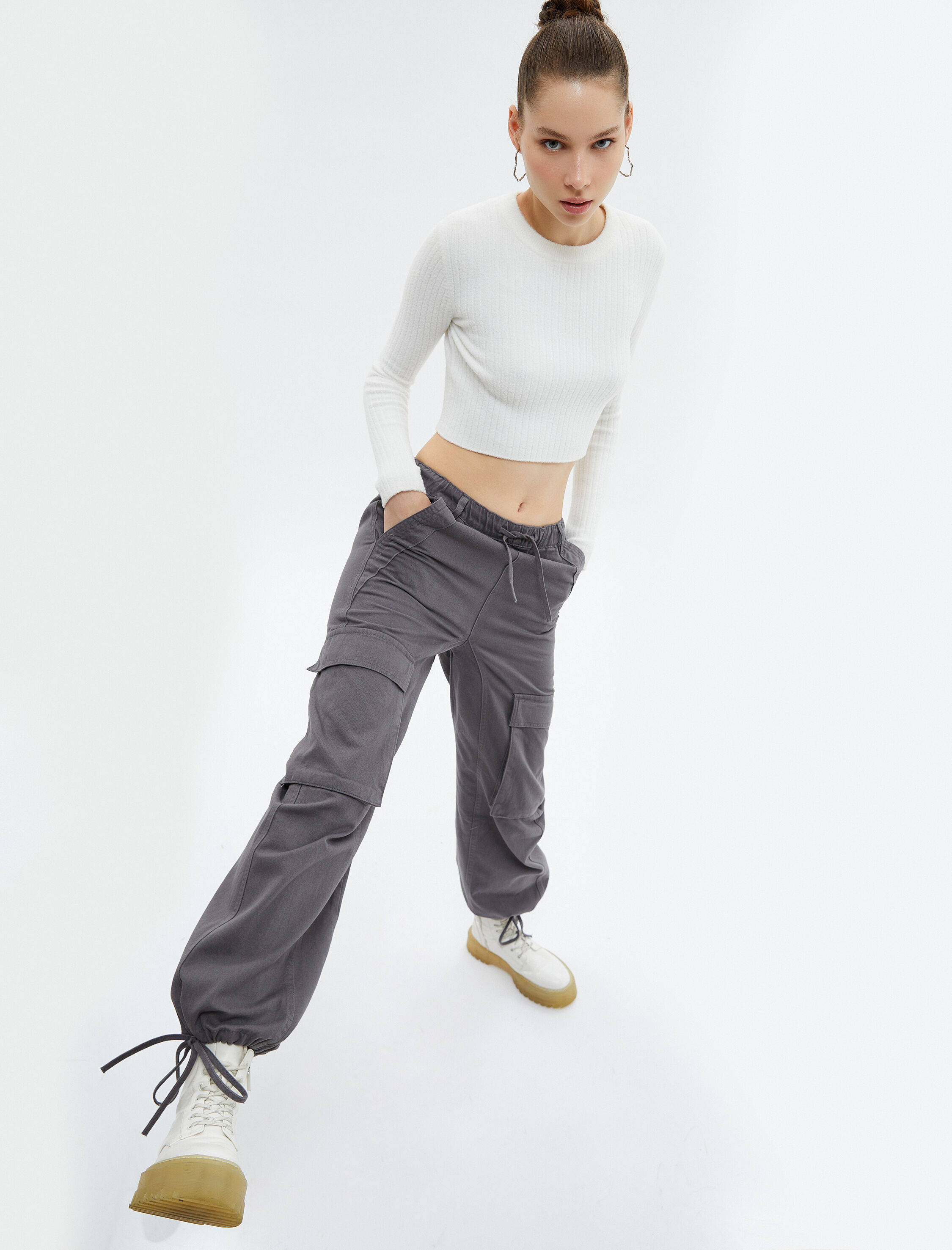   Kargo Jogger Pantolon Soluk Efektli Beli Lastikli Bağlamalı Cepli Pamuklu