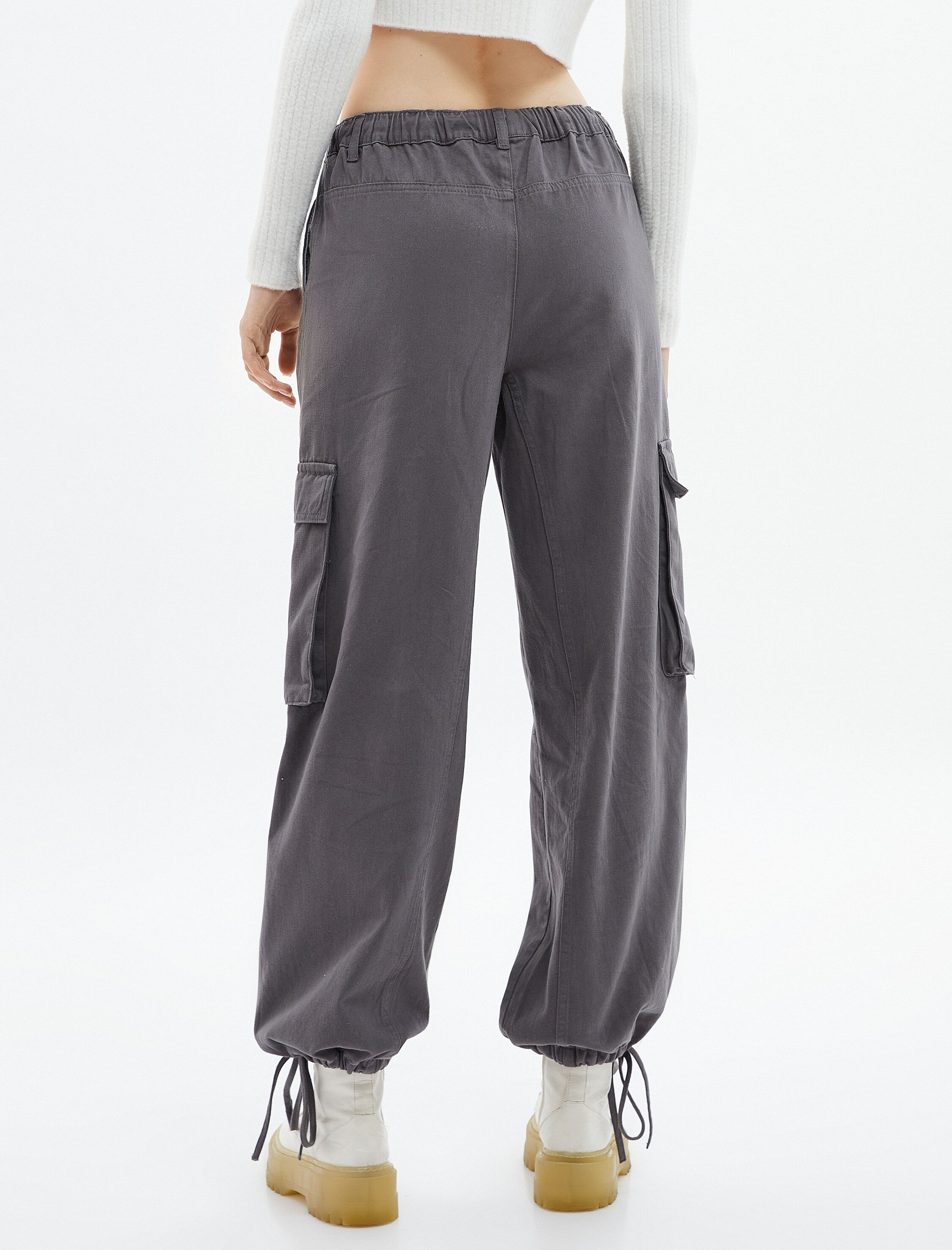   Kargo Jogger Pantolon Soluk Efektli Beli Lastikli Bağlamalı Cepli Pamuklu